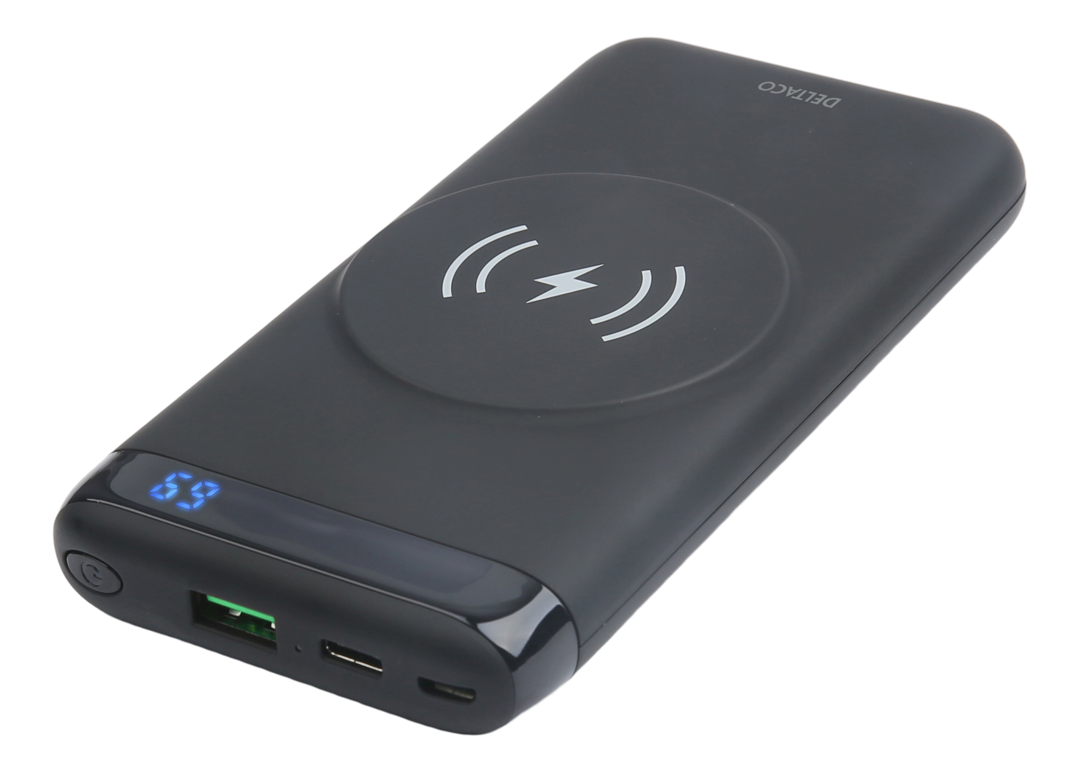 Un power bank nero con un simbolo di ricarica wireless e un display a LED blu che mostra il 69%. Ha un logo DeltaCo.