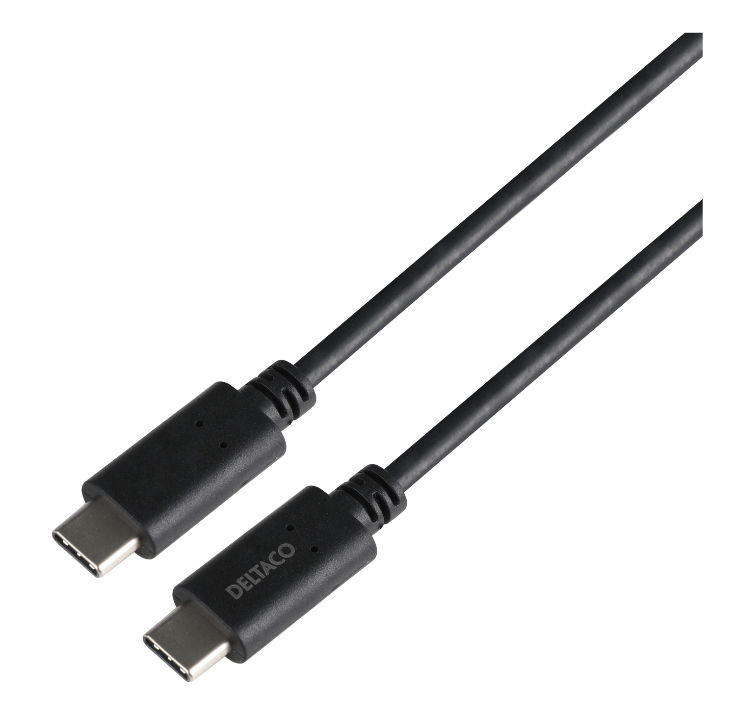 Due cavi USB-C neri. Hanno connettori a ciascuna estremità e il logo DELTACO.