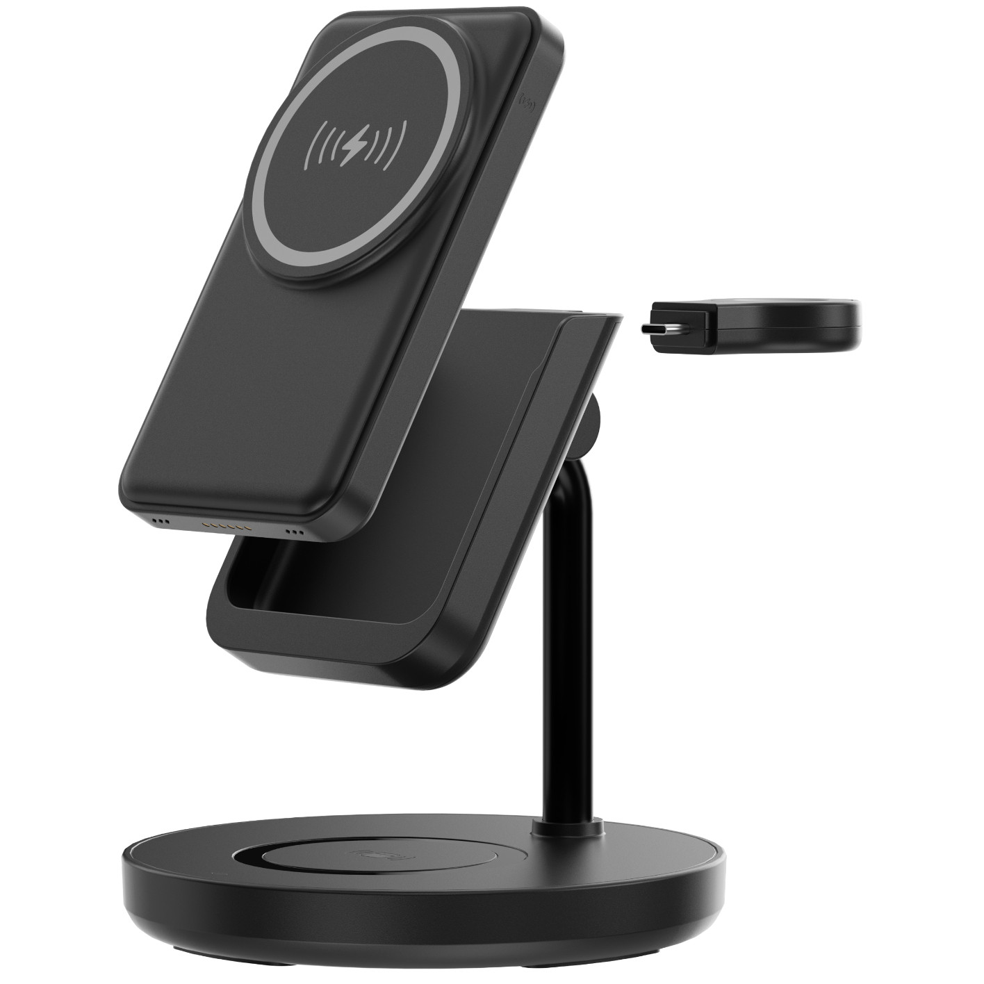 Supporto di ricarica wireless nero con un telefono.