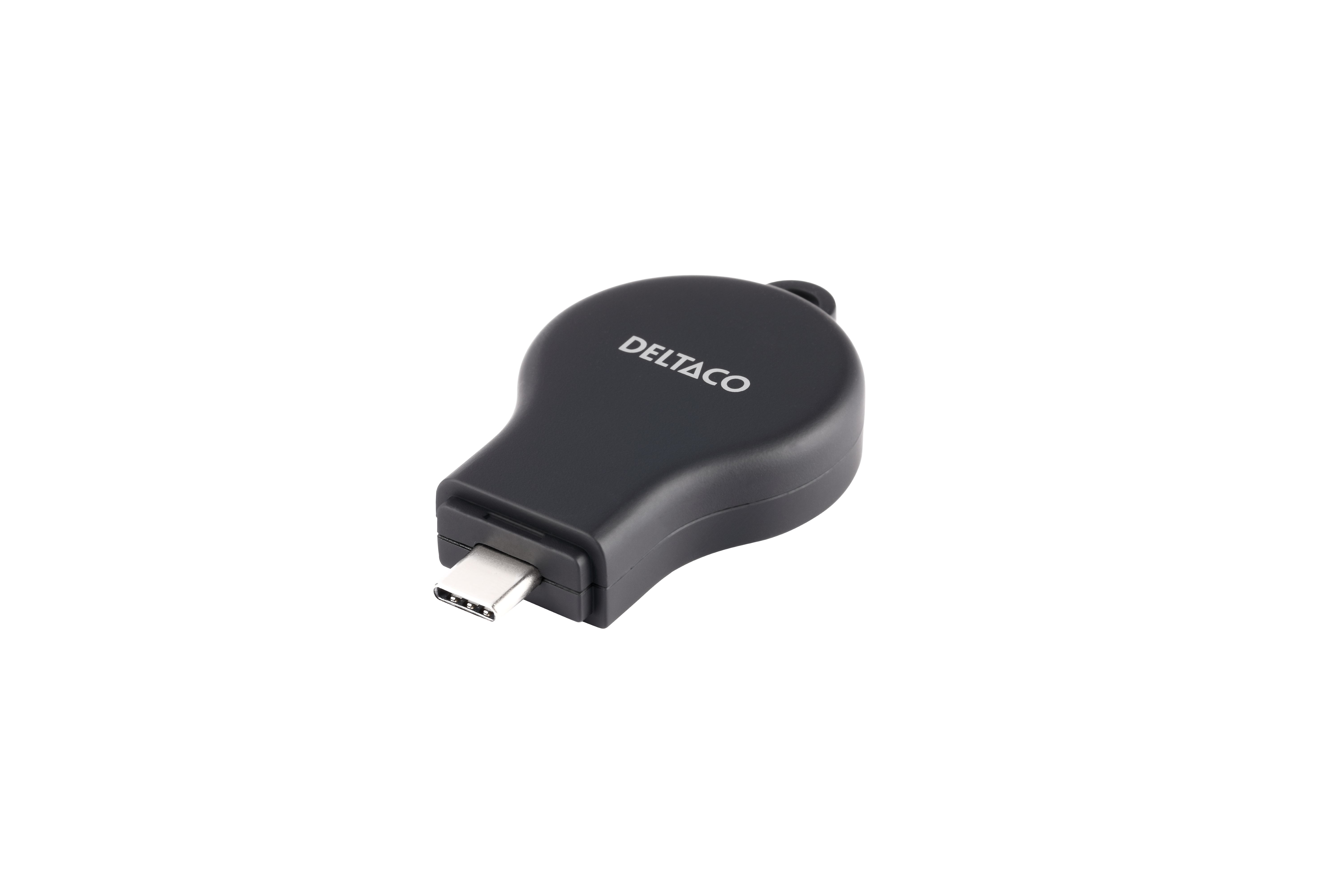 Un adattatore USB-C nero con etichetta DELTACO. Ha una forma piccola e arrotondata.