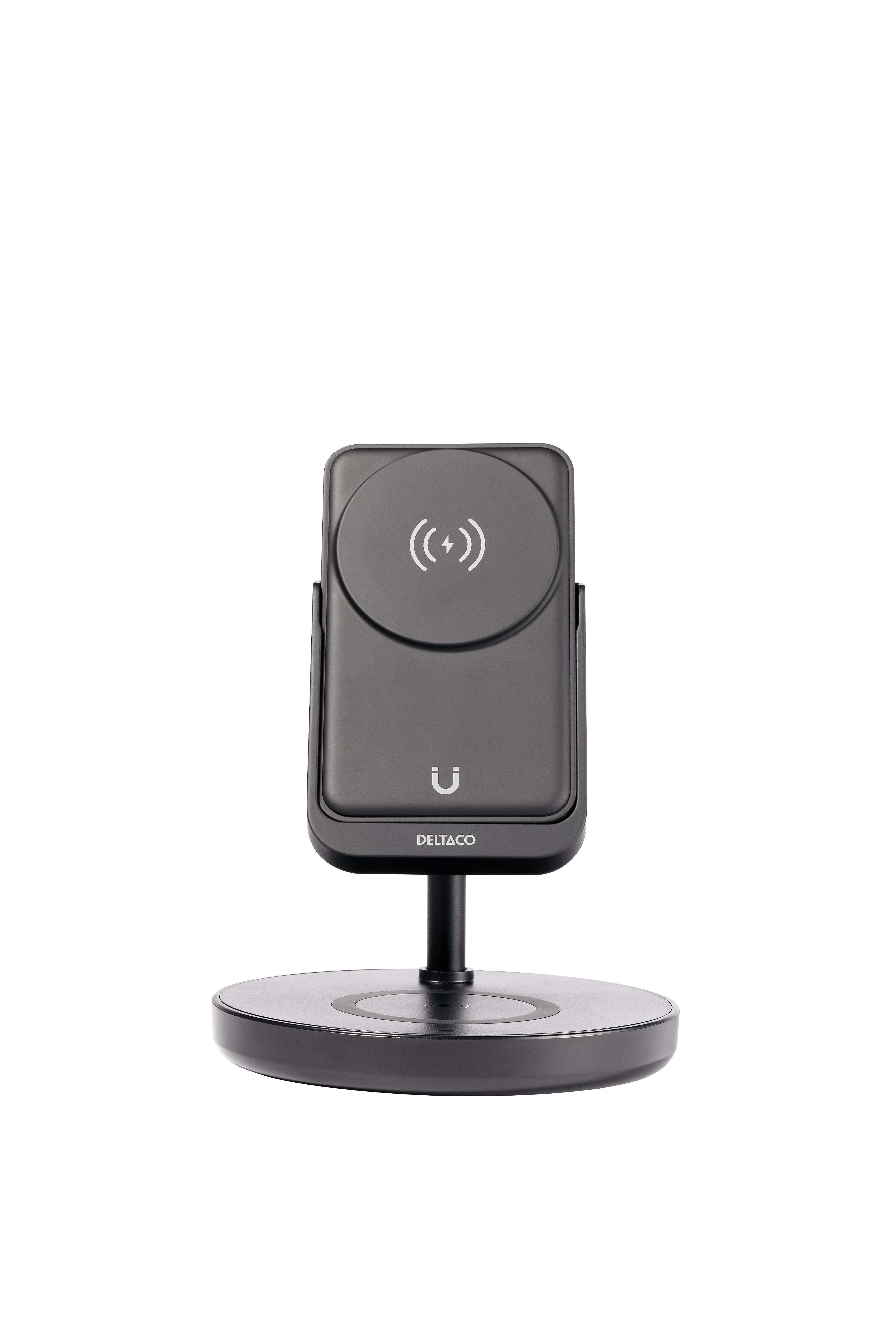 Un supporto di ricarica wireless nero con un pad di ricarica circolare.