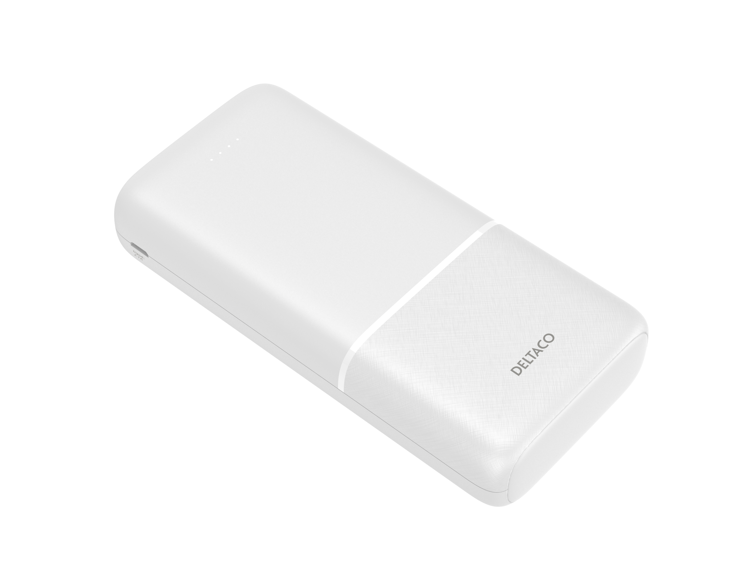 Power bank bianco con una striscia grigia. Il marchio è 'DELTACO'. Il power bank ha una finitura liscia.