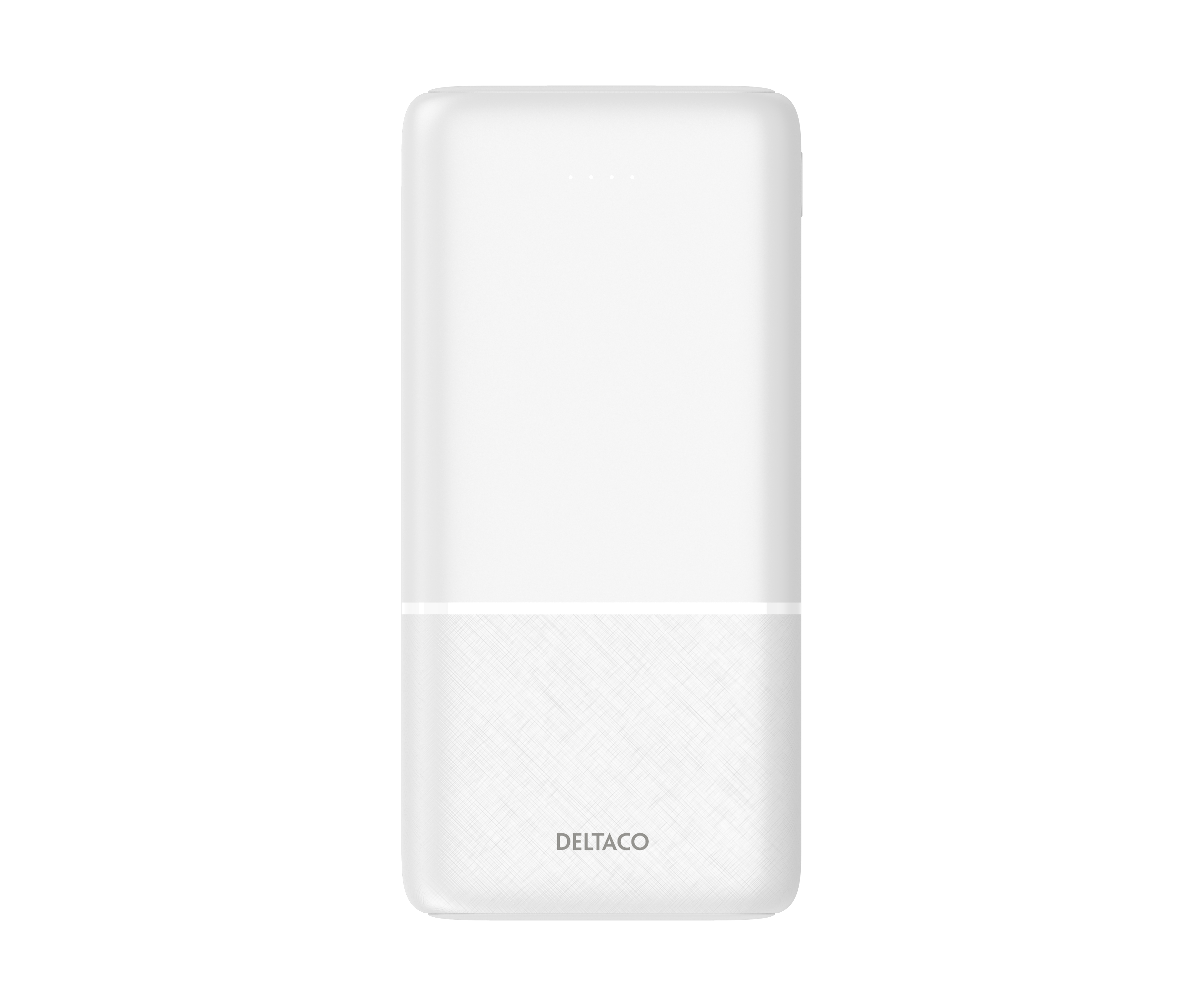 Power bank bianco con metà inferiore strutturata, con sfondo bianco, vista dall'alto.