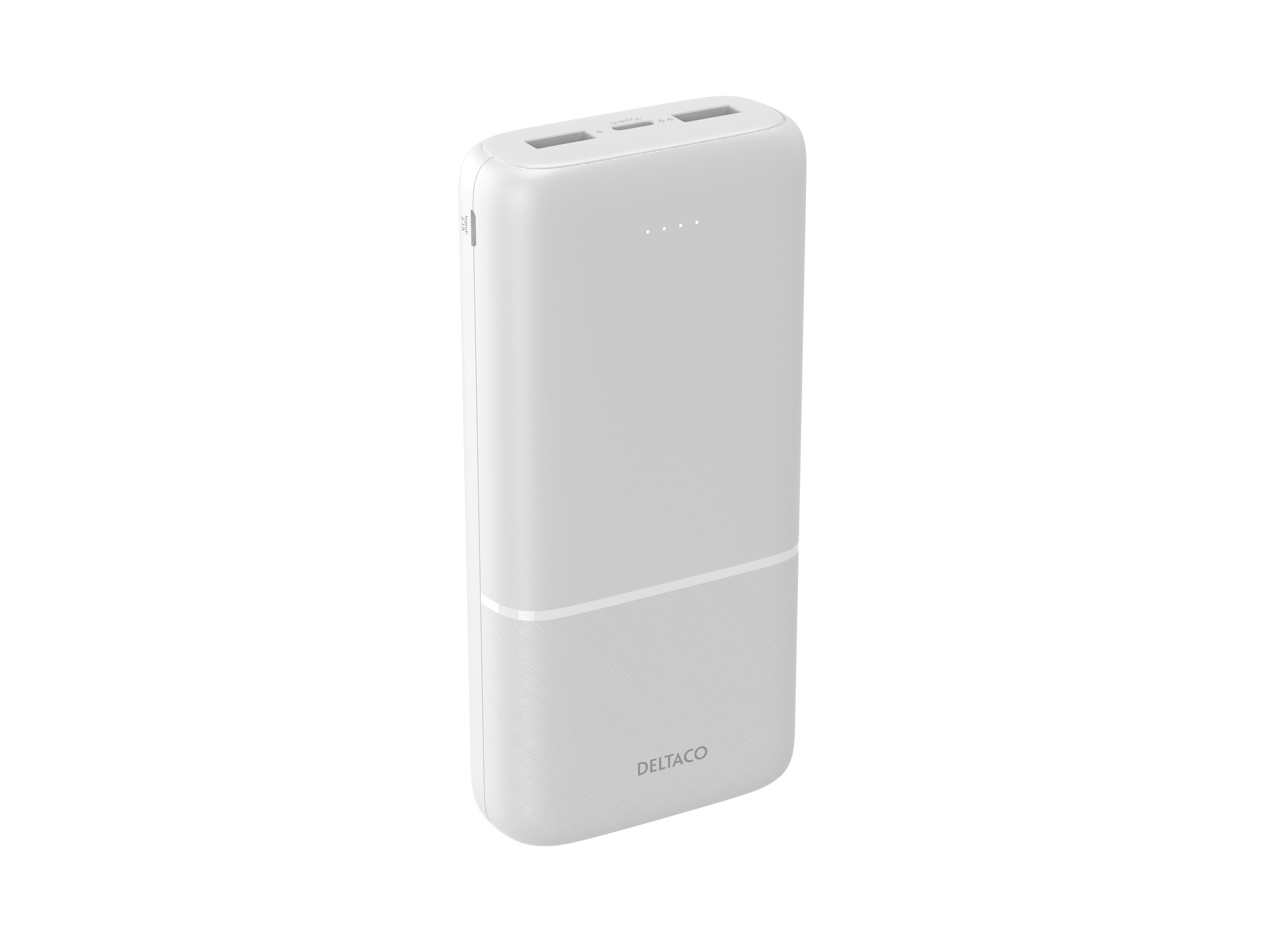 Un power bank bianco con due porte USB e un logo DELTACO. Ha quattro spie.