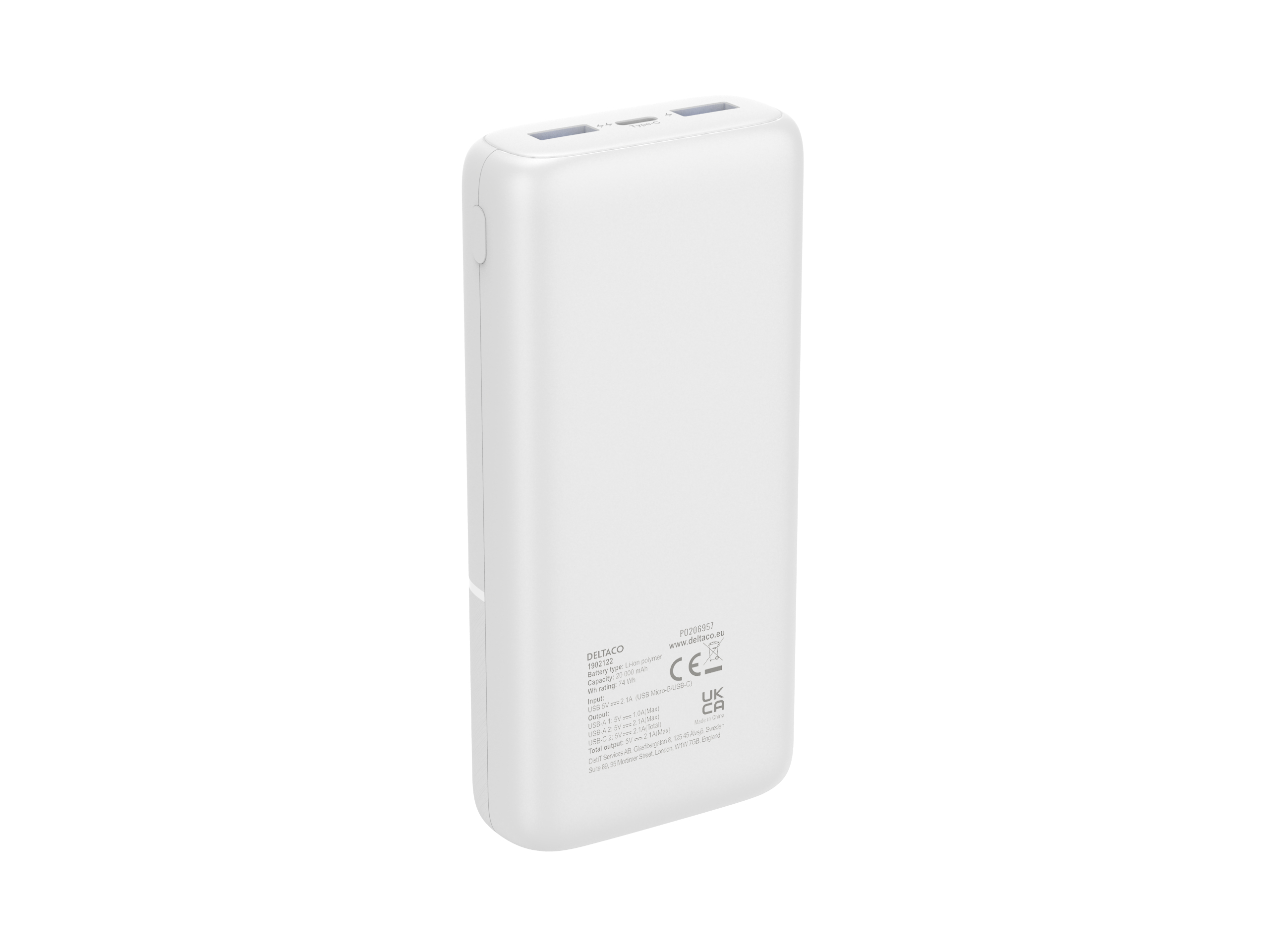 Power bank bianca con due porte USB ed etichetta del prodotto sul retro.