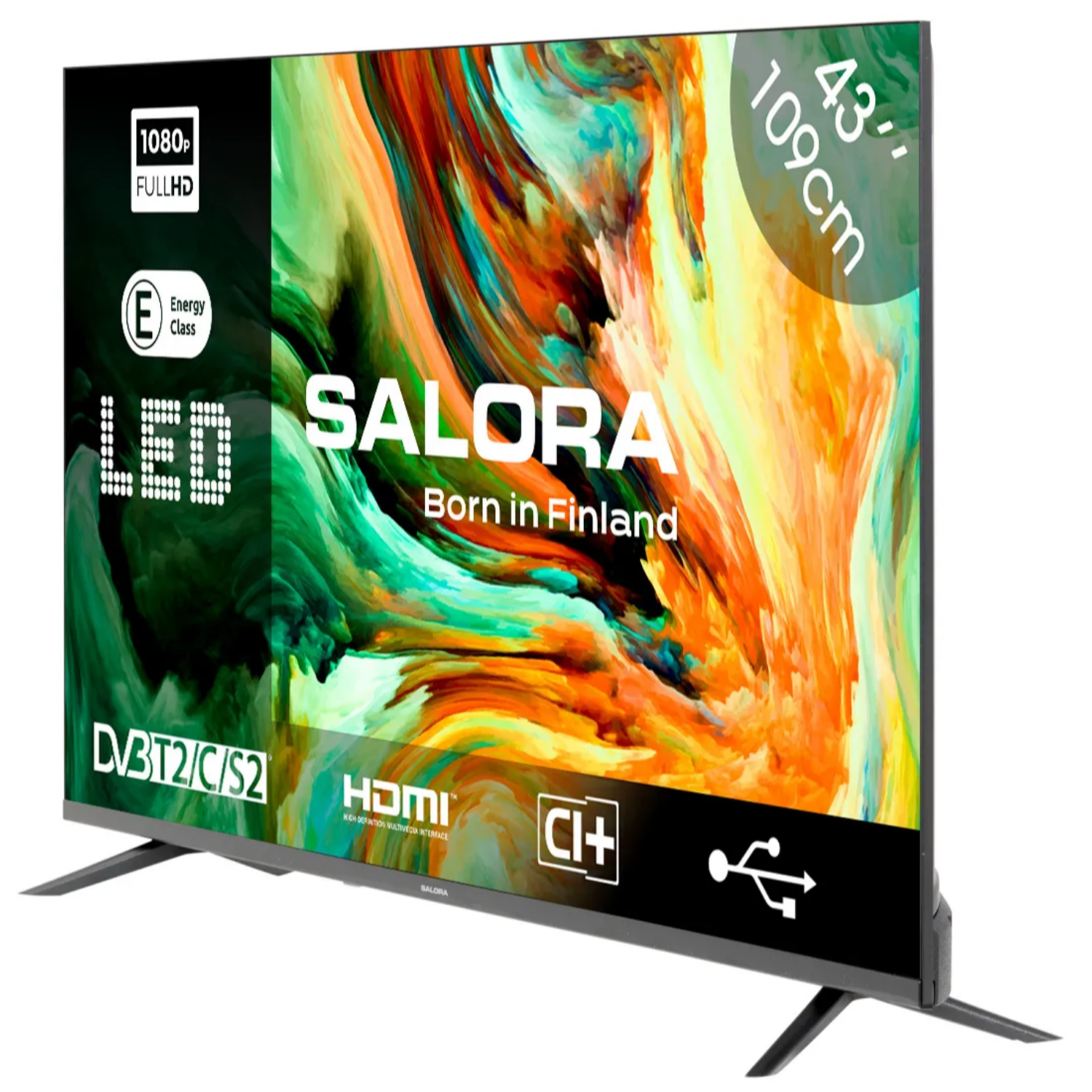 Large, flat-screen TV. It displays a colorful image and has the Salora brand.