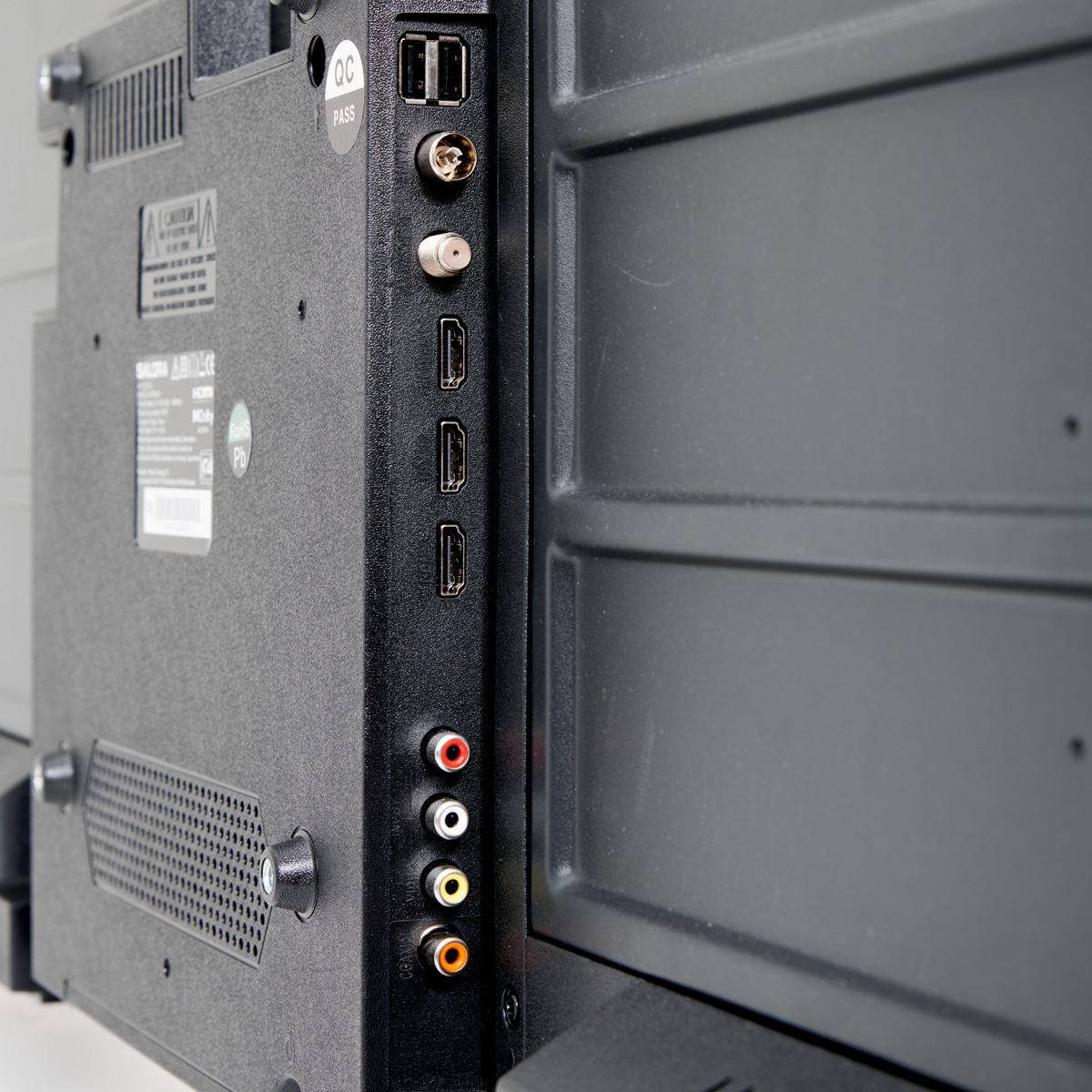 Close-up of TV ports: USB, HDMI, audio, and other connections.