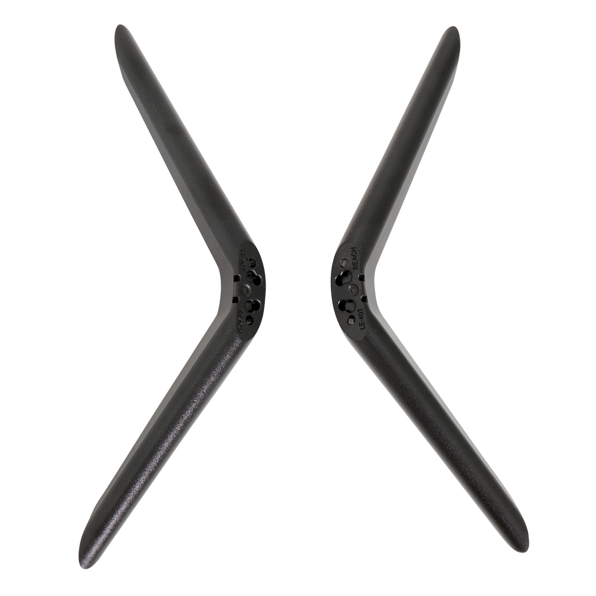 Two black TV stands, angled, on a white background. They are shaped like a V.