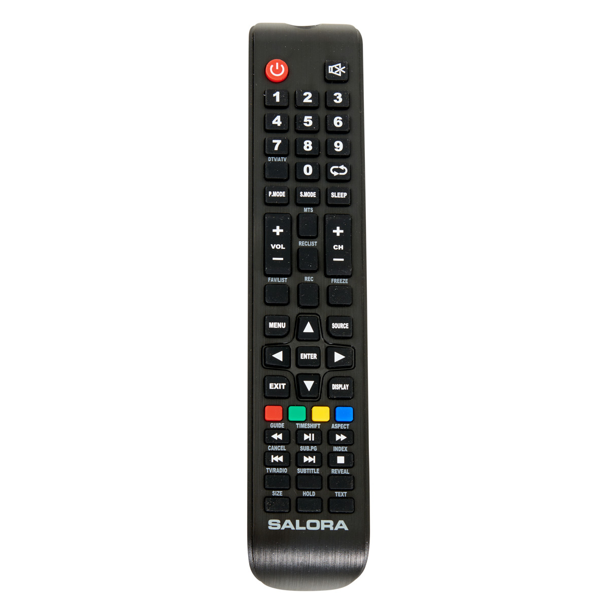 Remote control with many buttons. Various colors. The word 'SALORA' is visible.