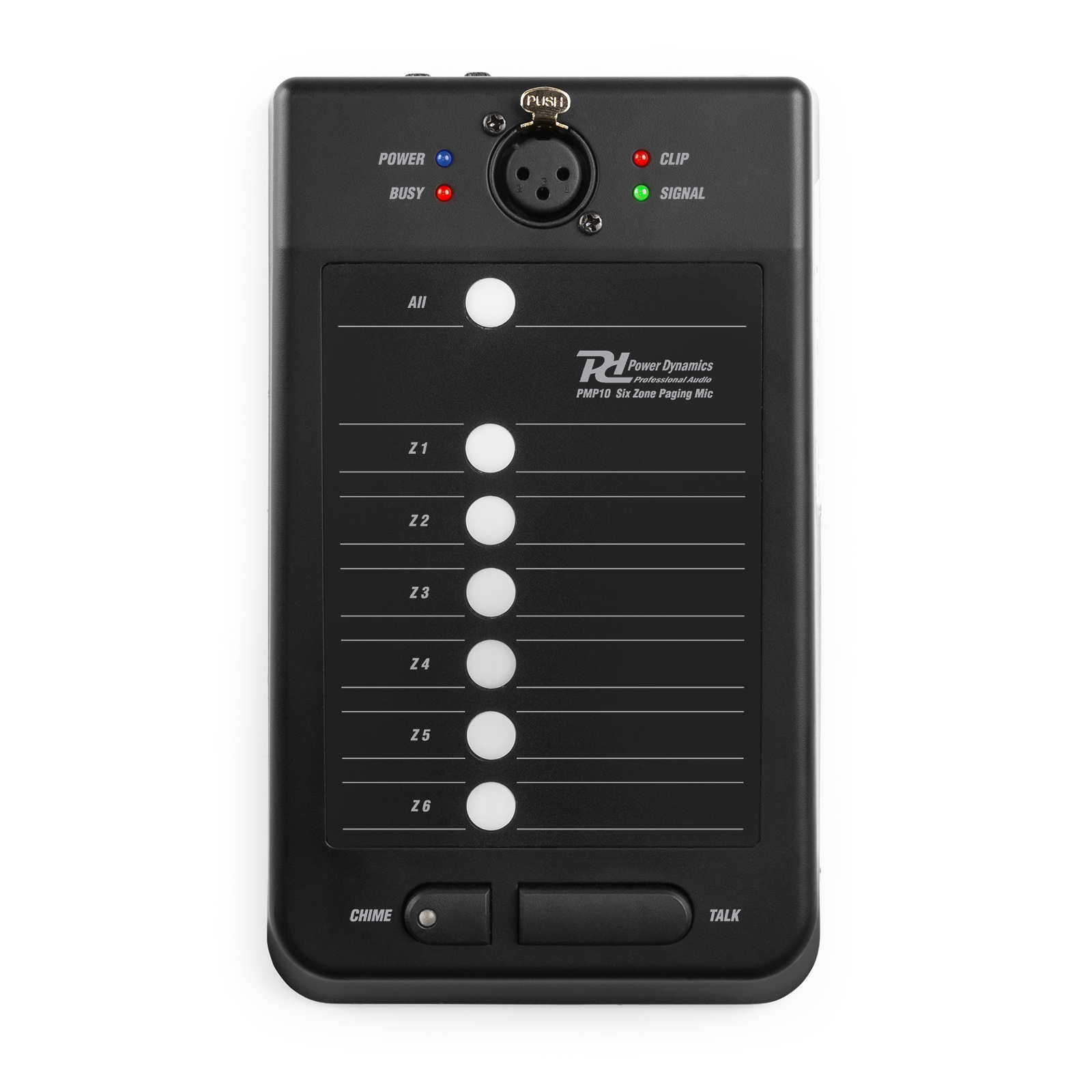 Black paging microphone with buttons, lights, and a connector for a PA system.