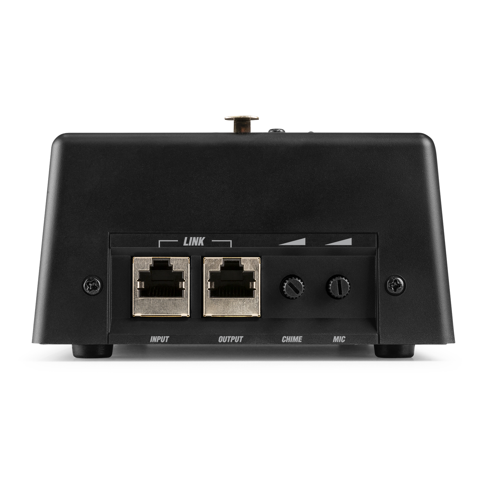 Black device with two network ports labeled 'Input' and 'Output'.