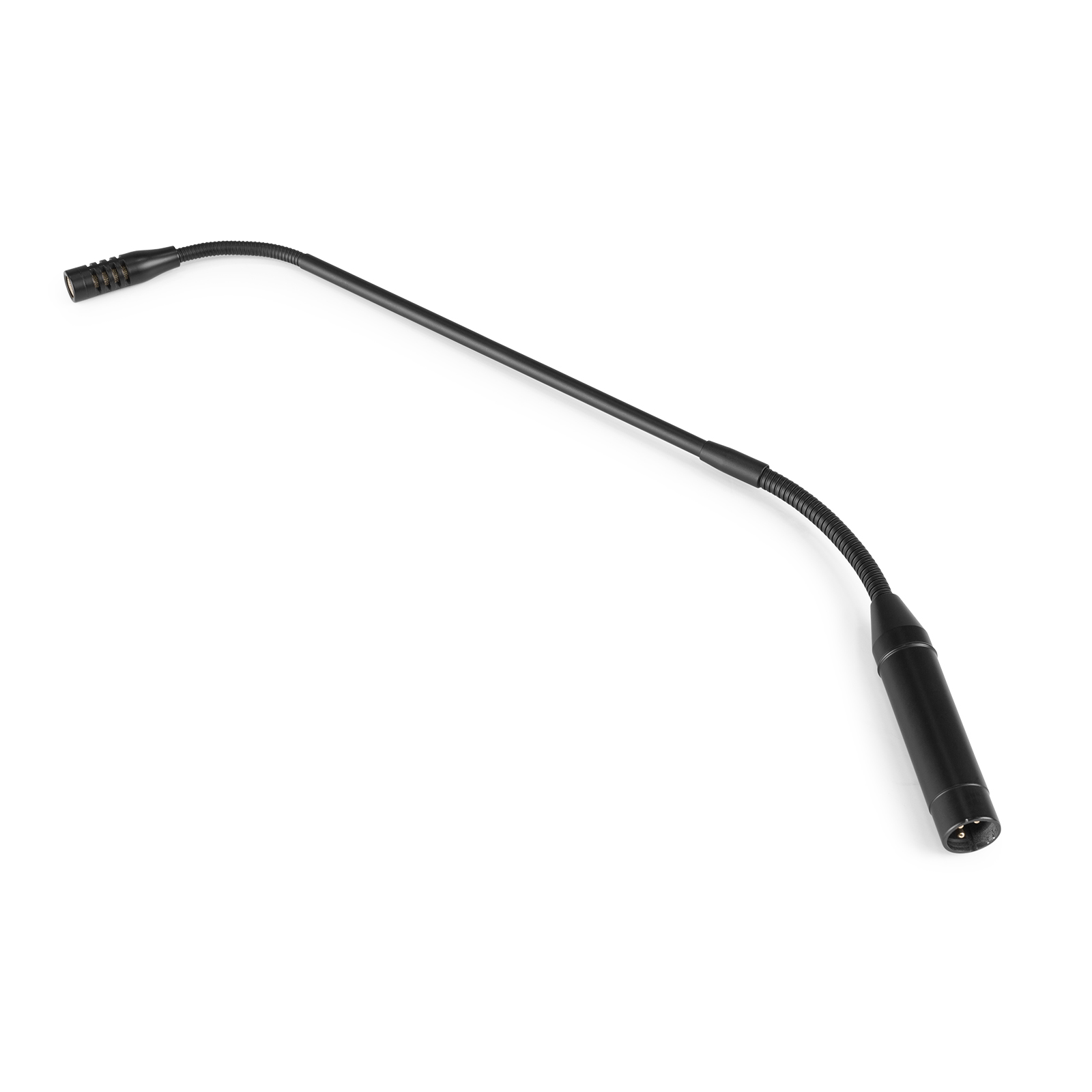 Black microphone with a flexible gooseneck and XLR connectors. Isolated on white.