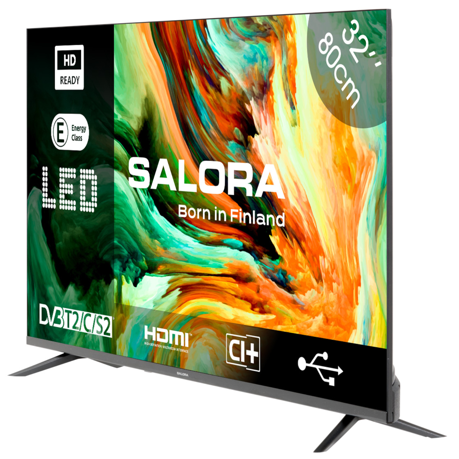 TV Salora avec design abstrait coloré, HD Ready, Classe énergétique E, USB.