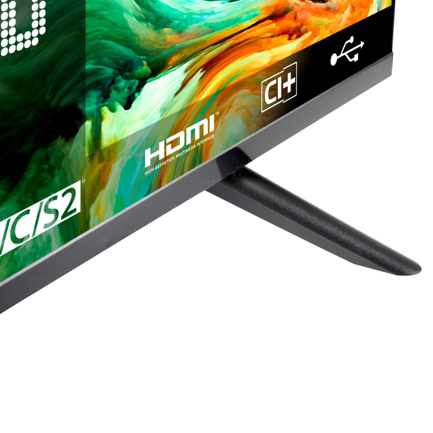 Gros plan d'un moniteur avec un support. Le logo HDMI est visible.
