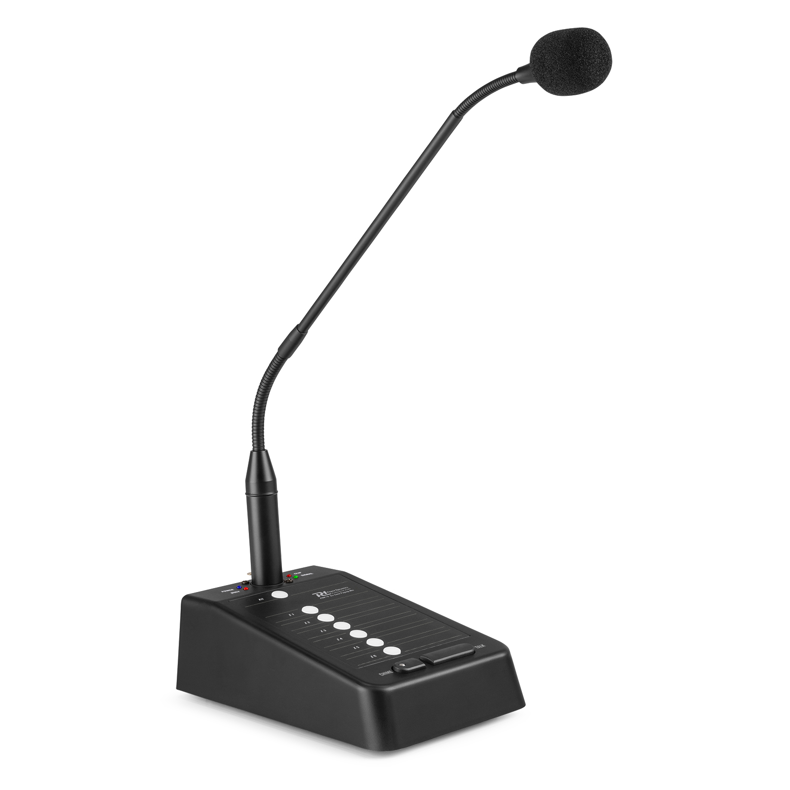 Black gooseneck microphone with a base and buttons, white background.
