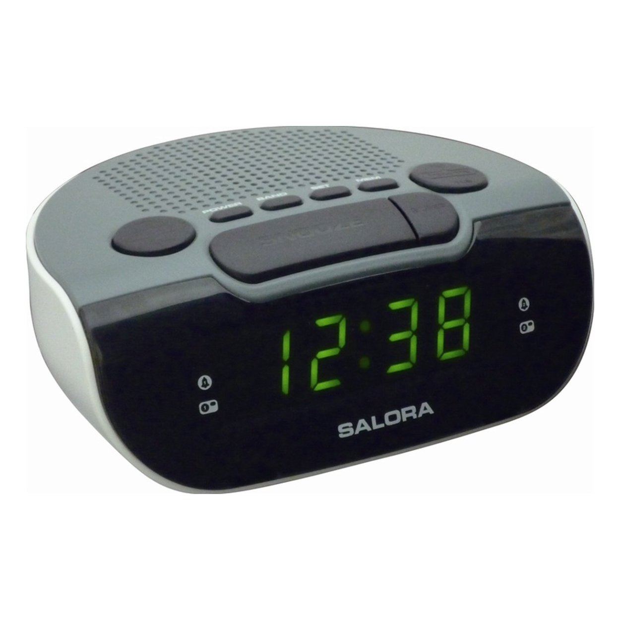 Gray and white digital clock radio, showing time: 12:38.