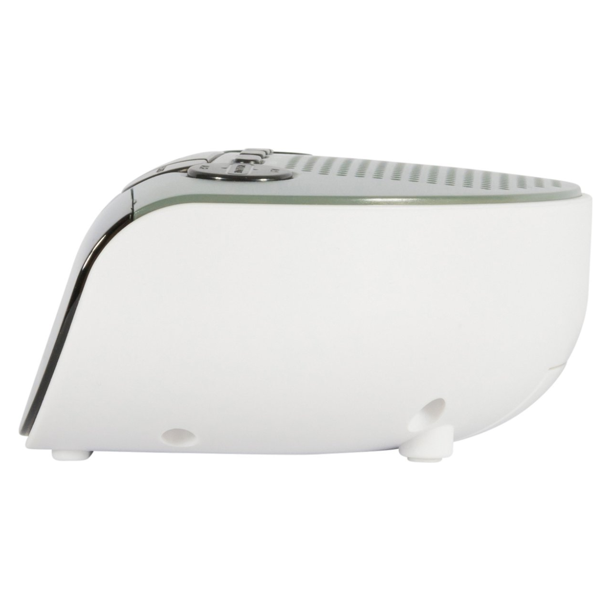 White and gray electronic device with buttons on top. The device has a curved design and small feet.