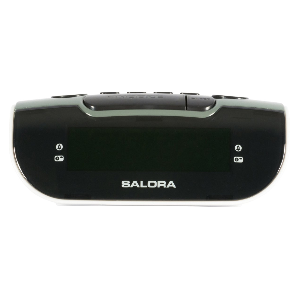 A digital alarm clock with a display and buttons, the brand name 'SALORA' is visible.