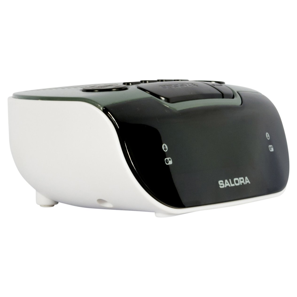 White and black alarm clock with a digital display. The clock is on a white surface.