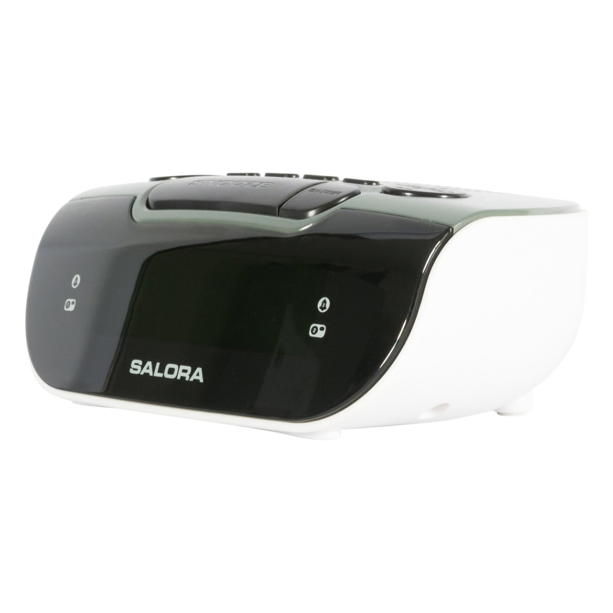 A black and white digital alarm clock with a black display.