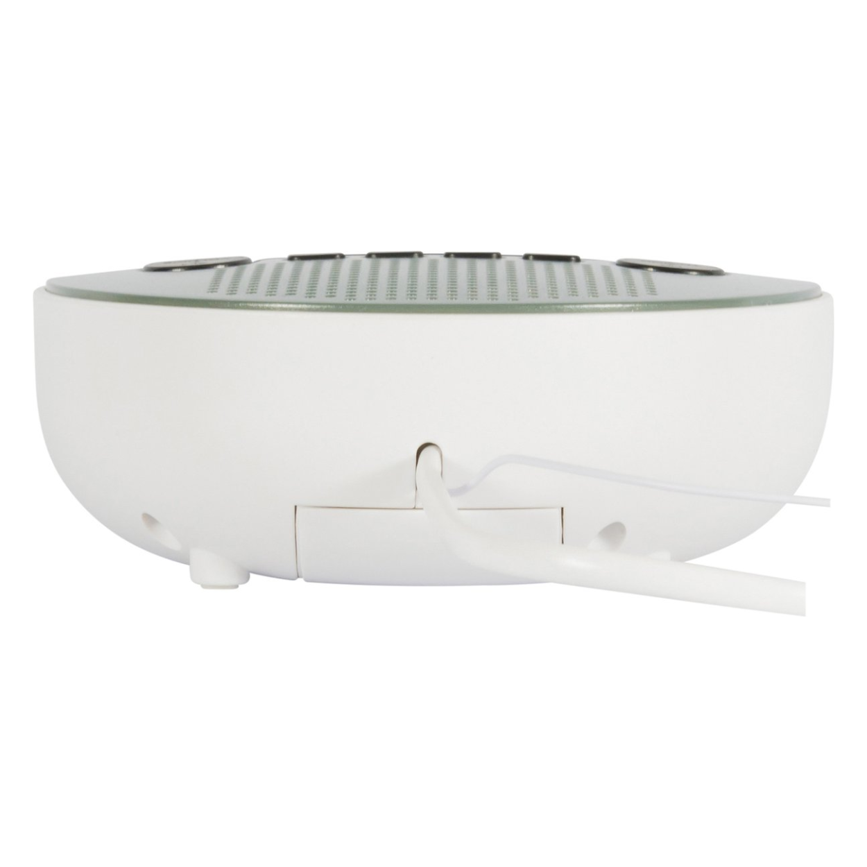 Side view of a white device with a rounded shape. A white cable comes out of it.