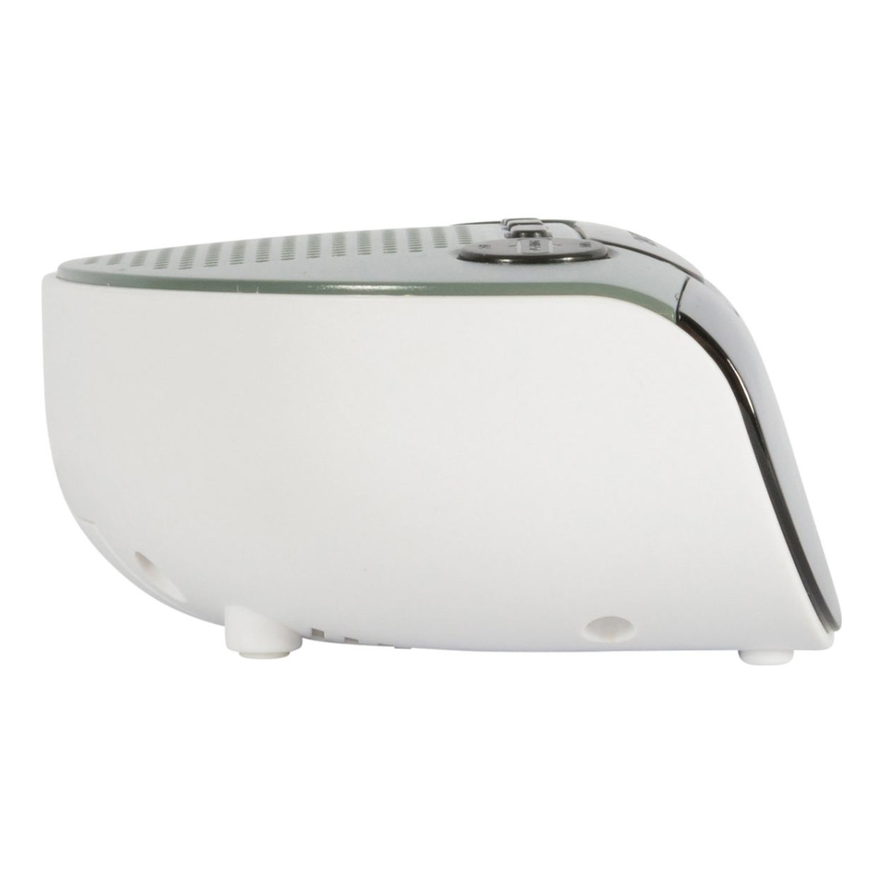White and silver device. The top has a vent and buttons. White background. Side view.
