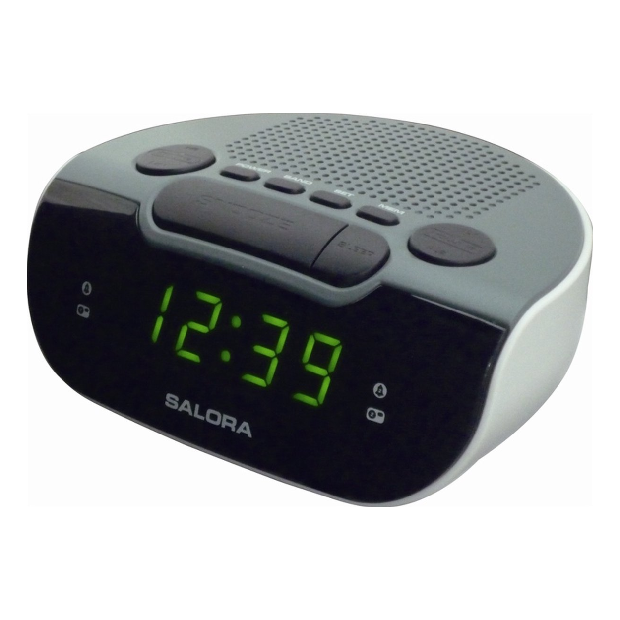 Gray and black digital clock radio with a green display, on a white background.