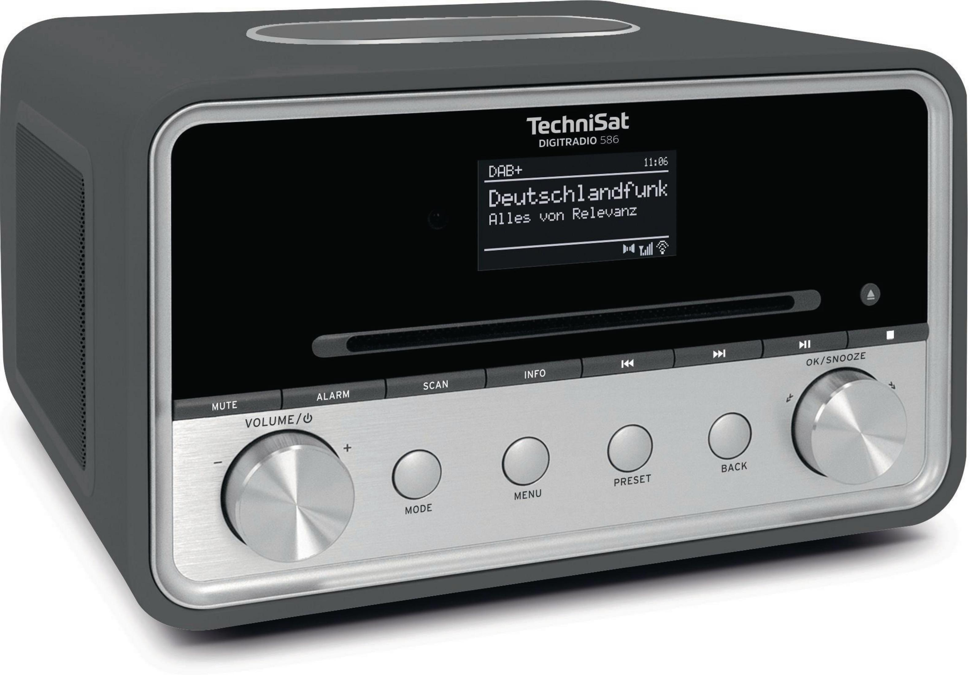 Ciemnoszare radio TechniSat z wyświetlaczem pokazującym stację radiową.