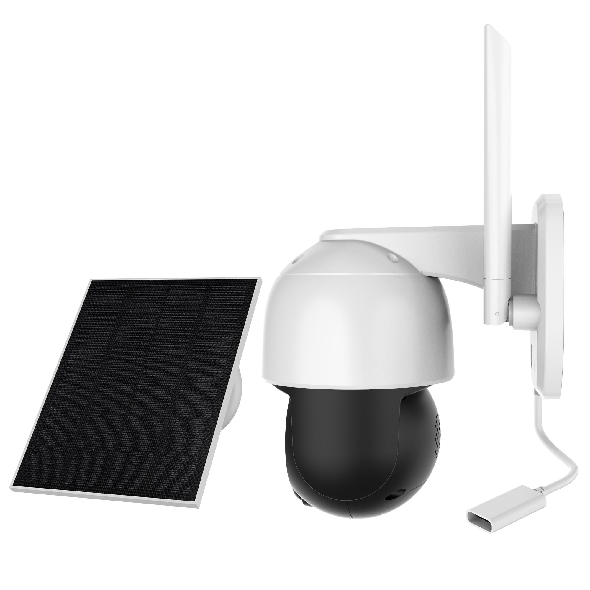 Una cámara de seguridad blanca con base negra, con un panel solar y antena.