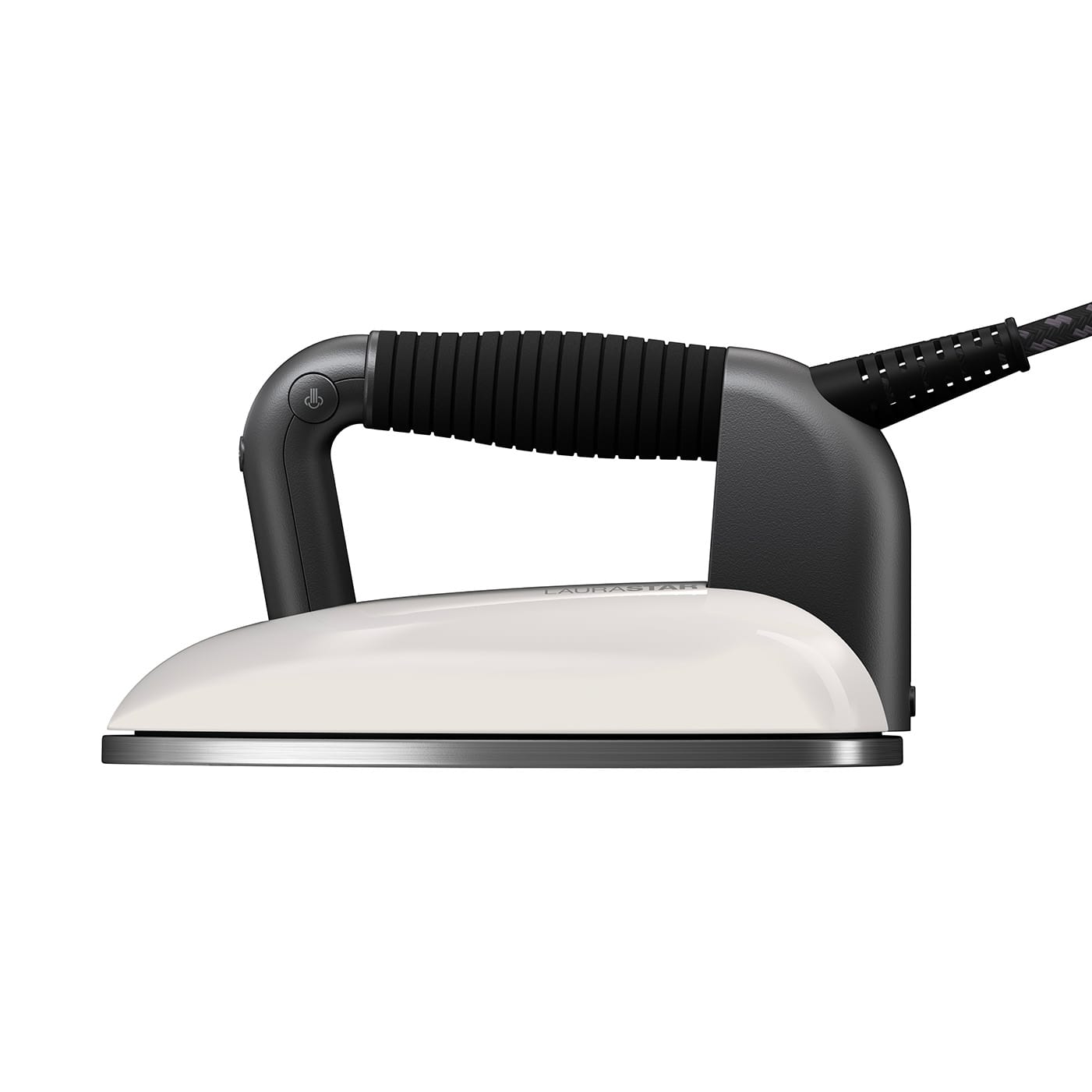 Side view of an iron with black handle, white base, and a black power cord.