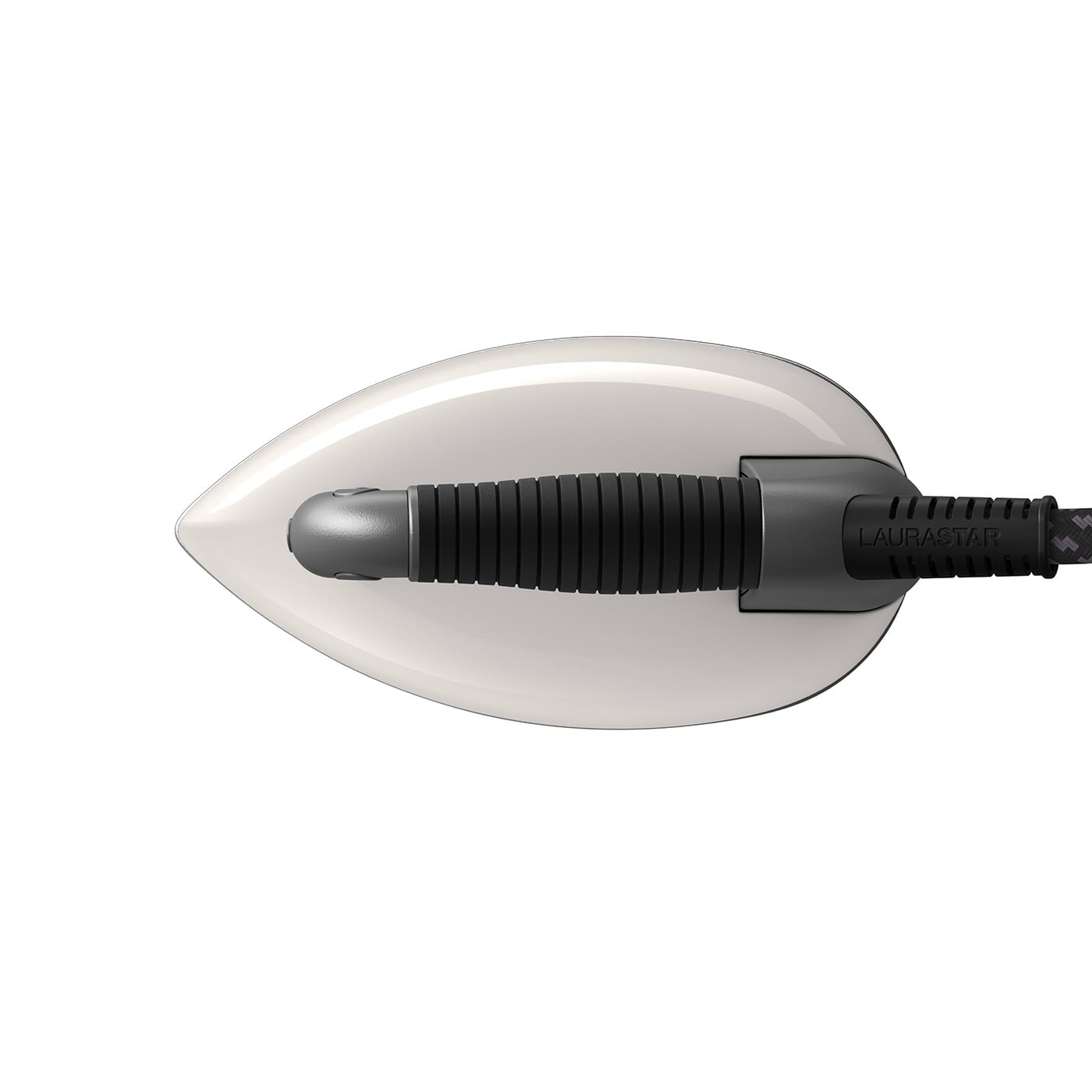 White and gray Laurastar iron with a black handle and a black power cord.