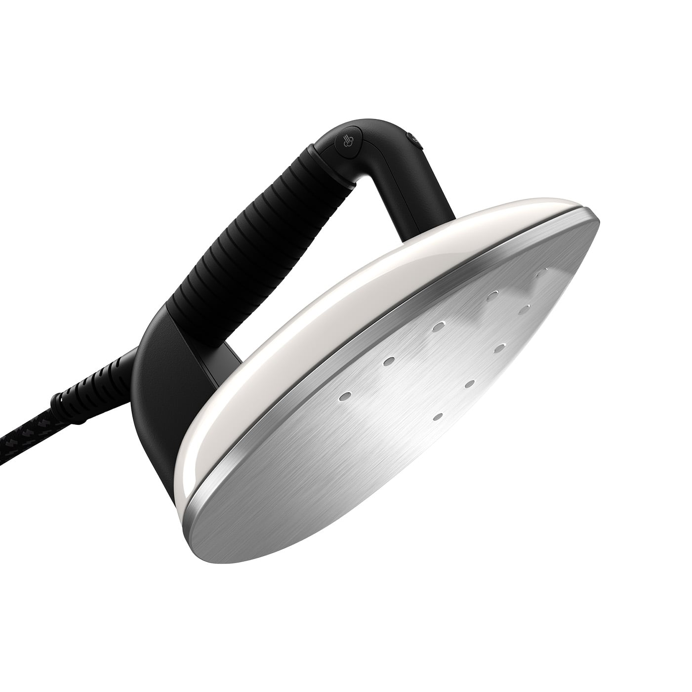 White and silver iron with a black handle and a power cord.