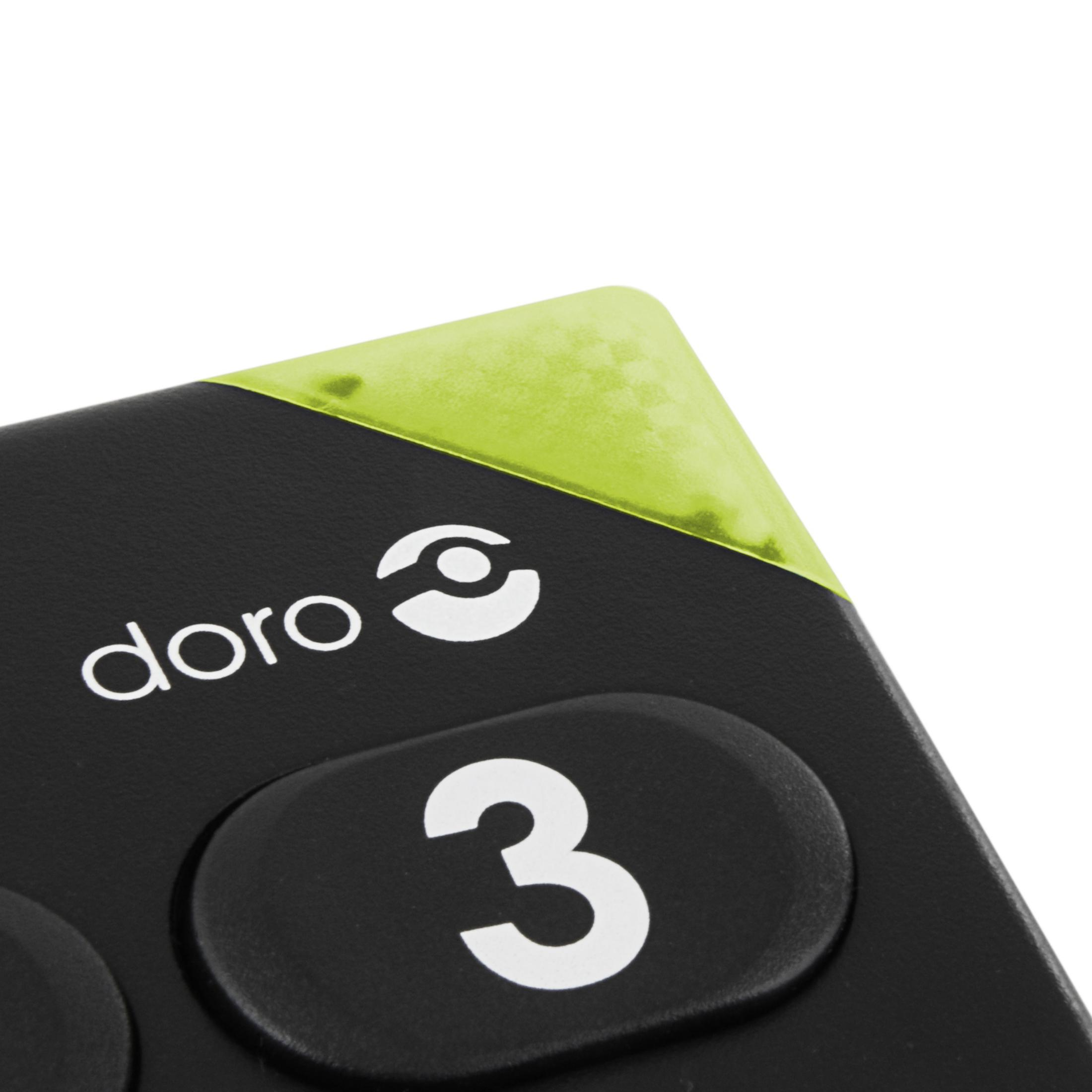 Nahaufnahme einer schwarzen Telefontaste mit der weißen Zahl 3 und dem Markennamen 'doro'.