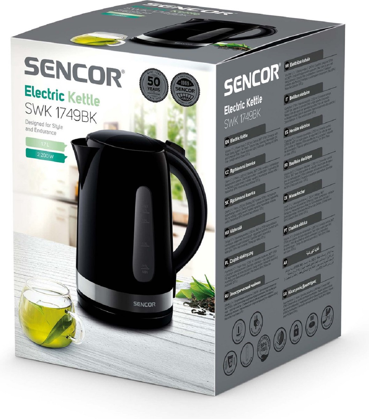 Bollitore elettrico nero con marchio Sencor e scatola con testo, tè in una tazza.