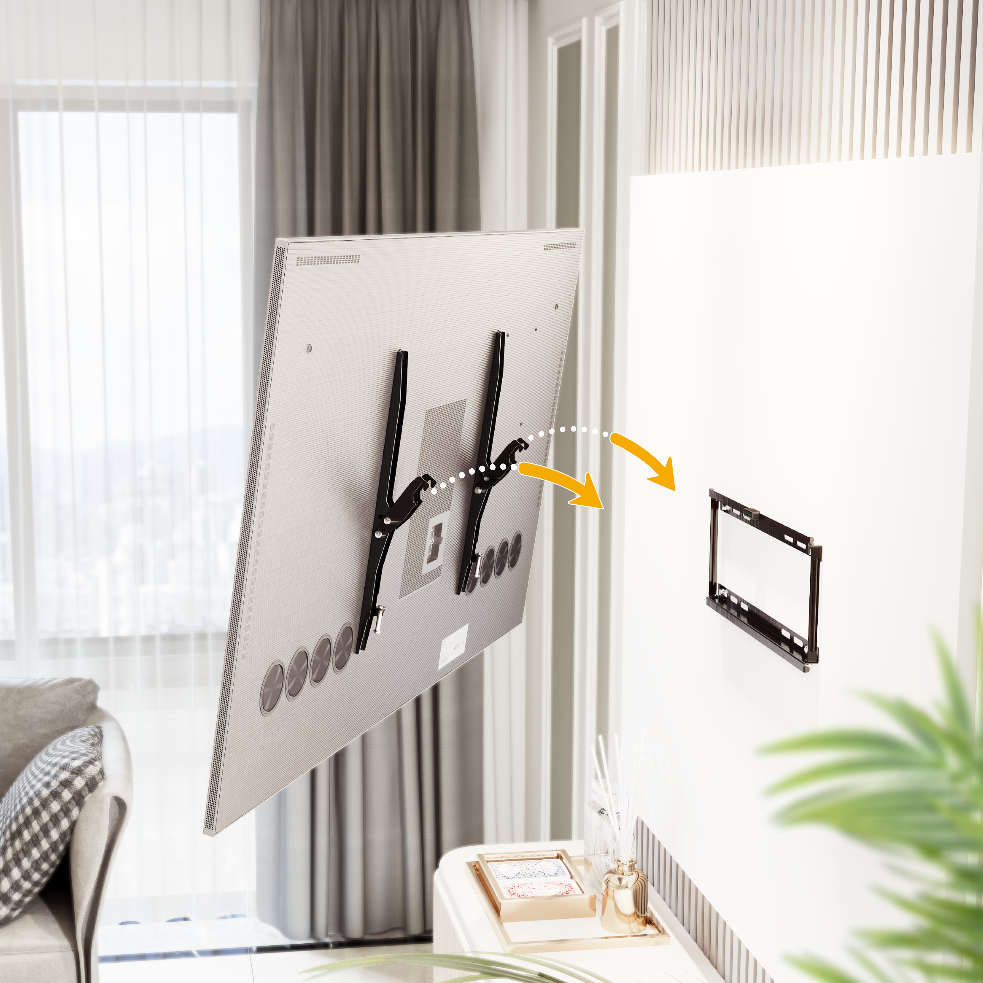 Fernseher an weißer Wand montiert. Halterung und Pfeile zeigen den Installationsprozess.