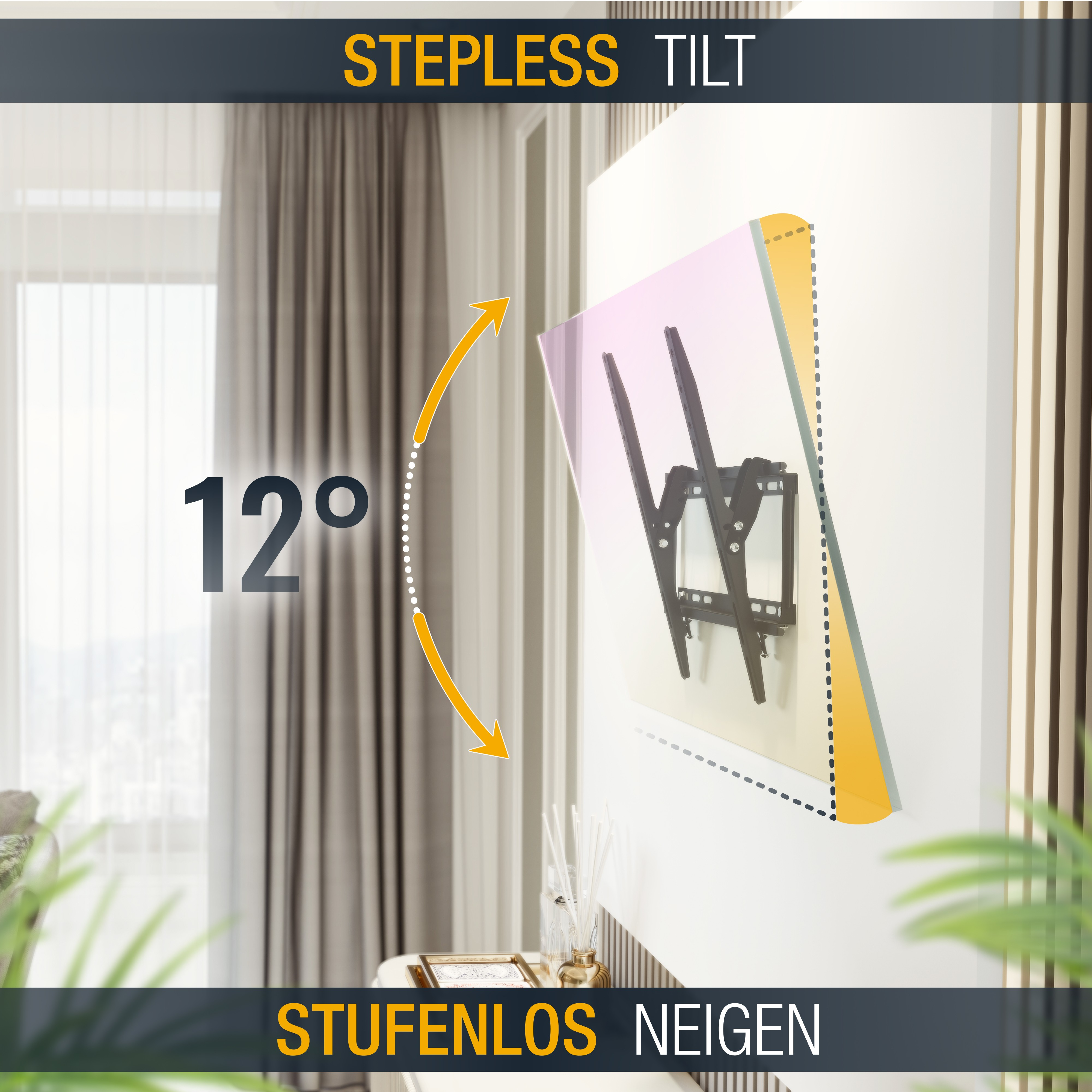 Wandhalterung mit einem Fernseher, mit dem Text "STEPLESS TILT" und "STUFENLOS NEIGEN".