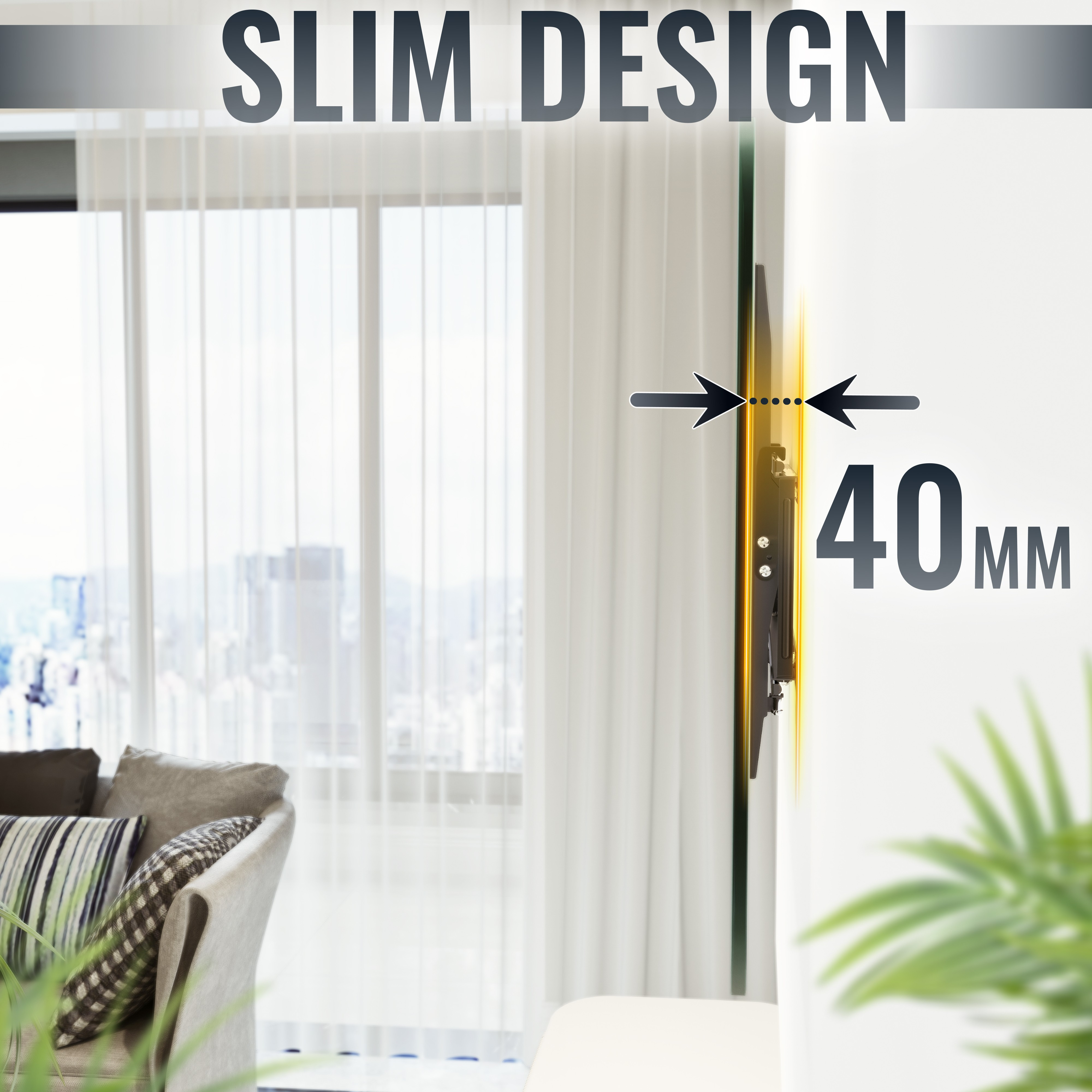 An der Wand montierter Fernseher, Pfeile zeigen auf das schlanke Design und 40 mm.