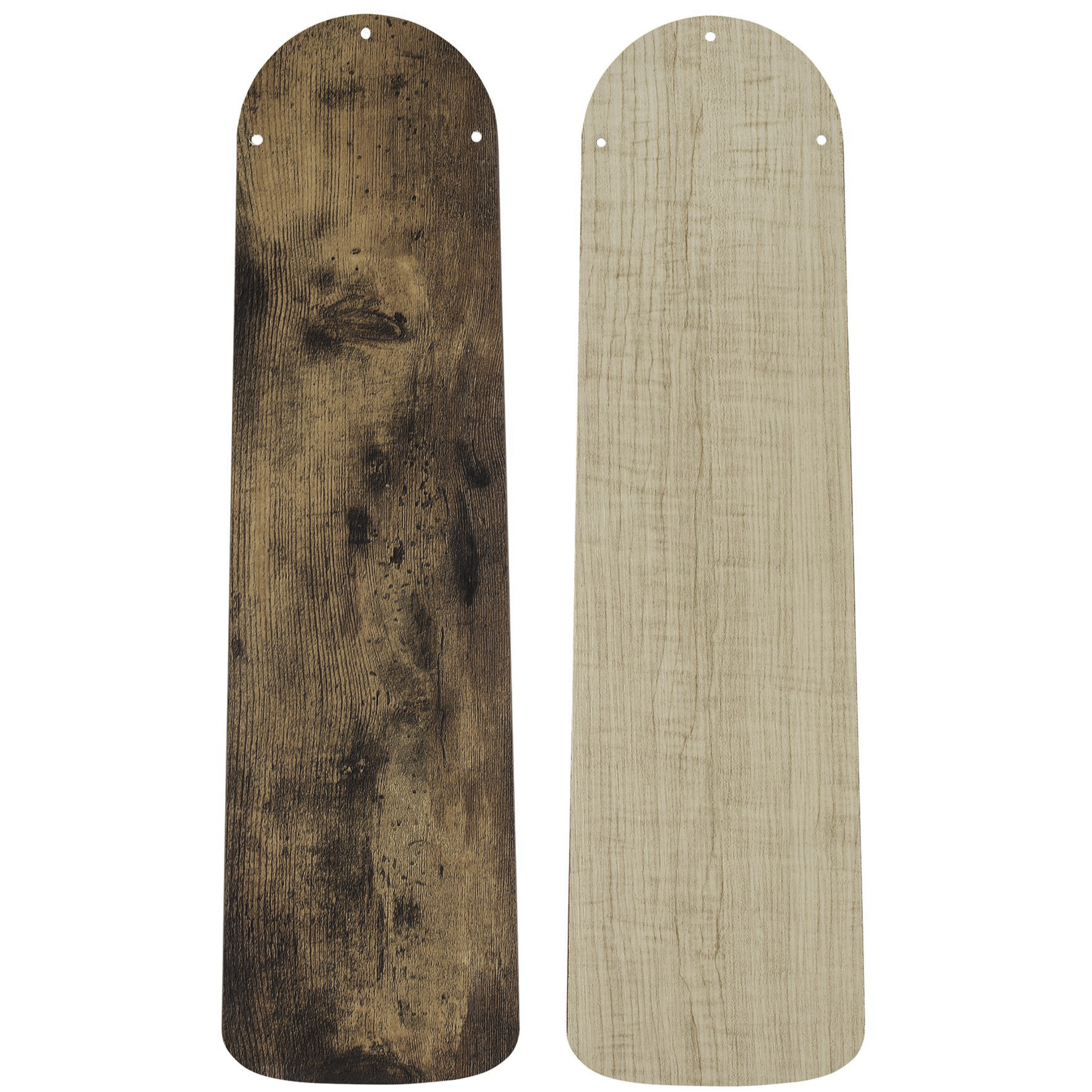 Zwei Lüfterflügel, einer holzmaseriert und einer helles Holz. Weißer Hintergrund.