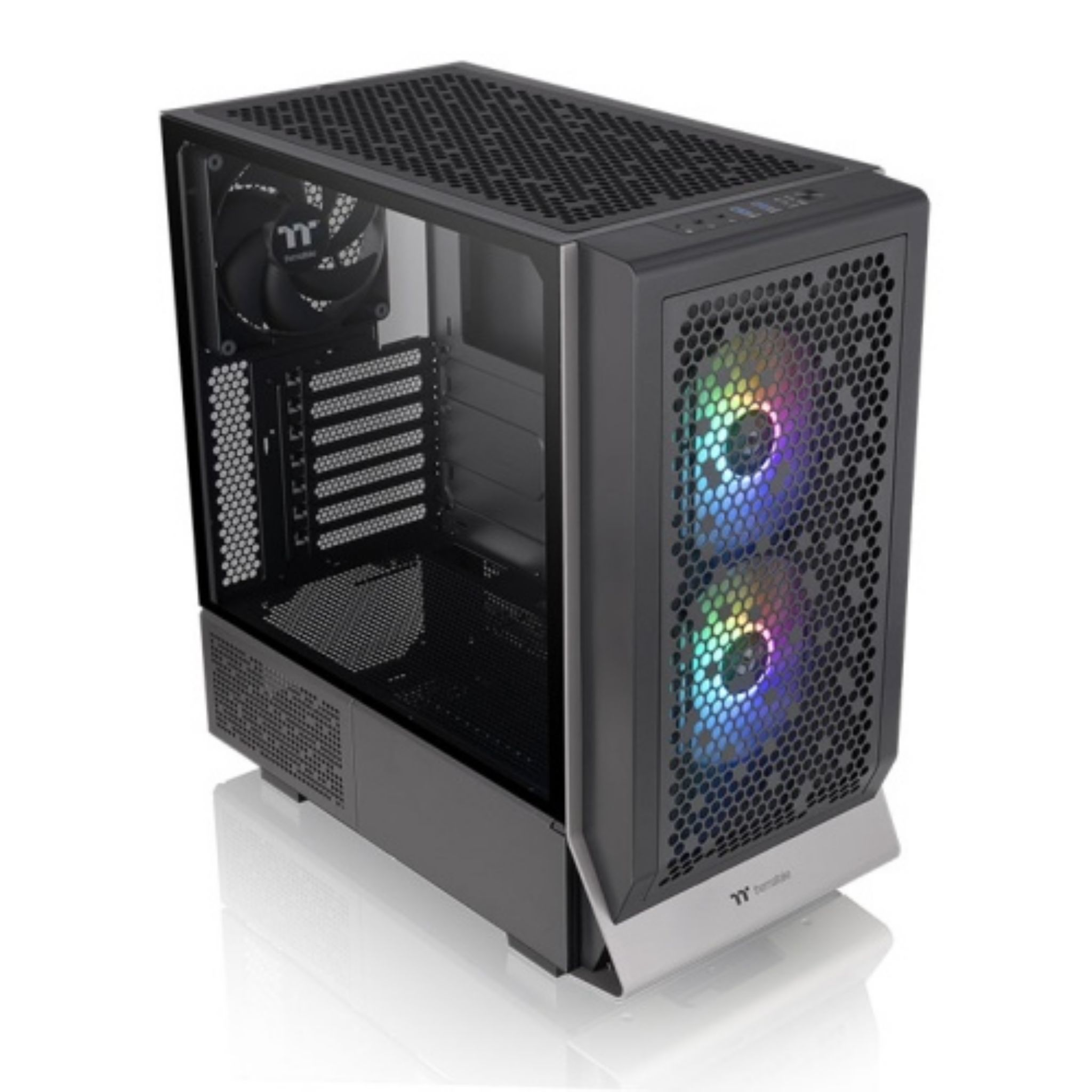 Computergehäuse mit transparentem Seitenteil, Lüftern mit bunten Lichtern und einer metallischen Front.