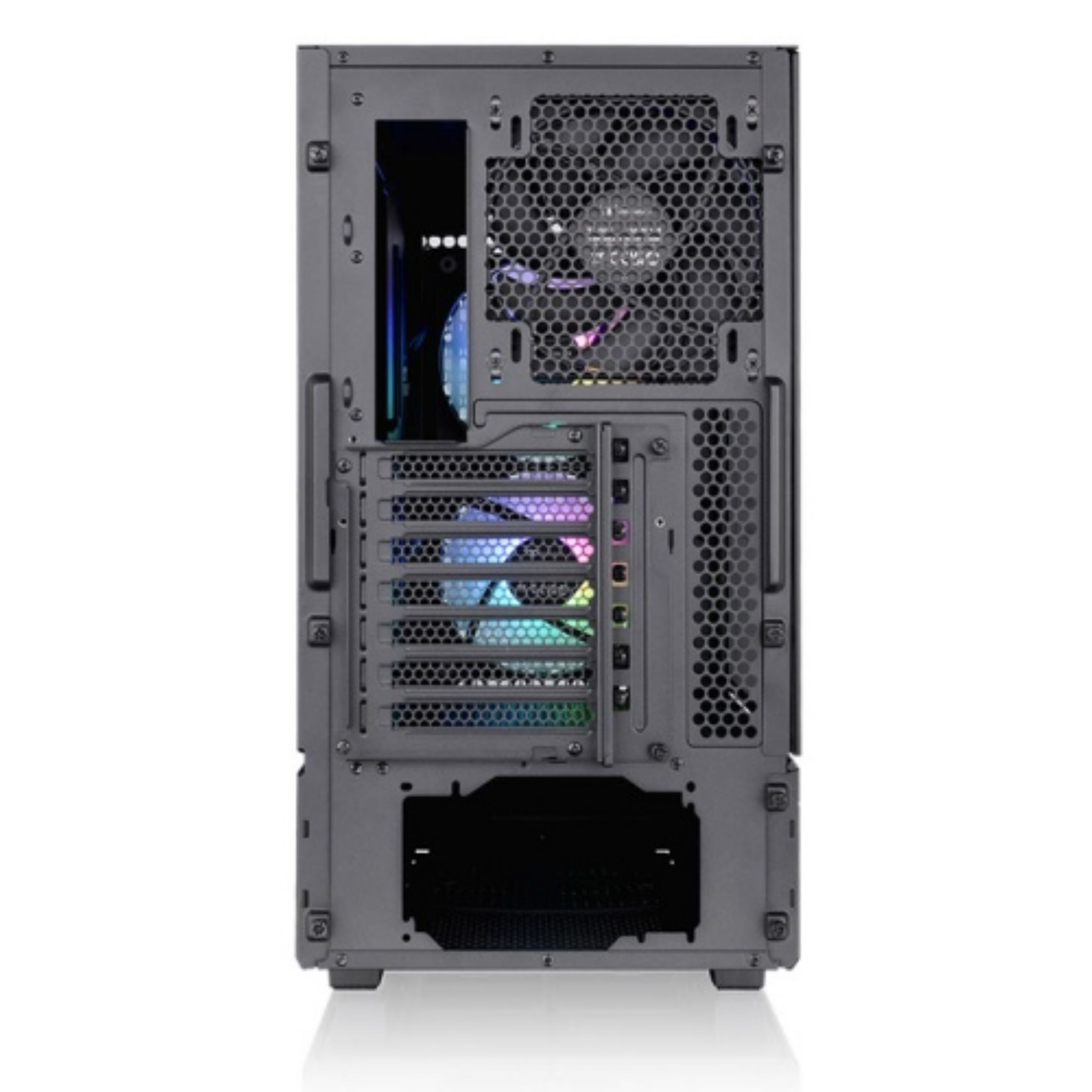 Rückseite eines schwarzen Computerturmgehäuses. Es hat einen Lüfter mit Lichtern und verschiedene sichtbare Anschlüsse.