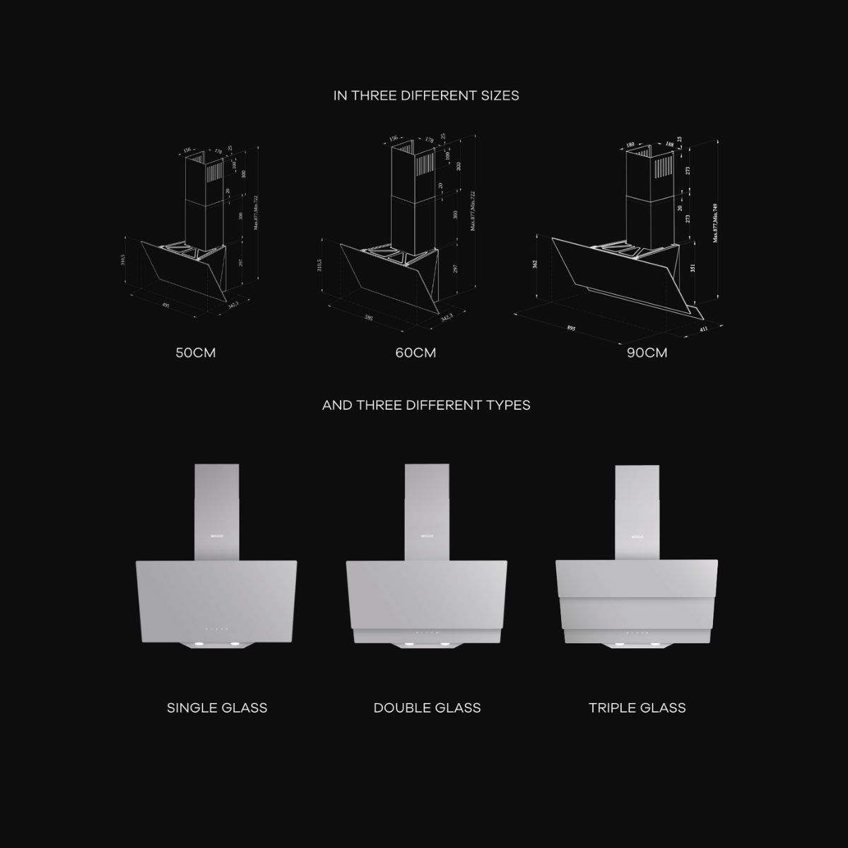 Diagramm, das Dunstabzugshauben in drei Größen und drei Glasstilen zeigt.