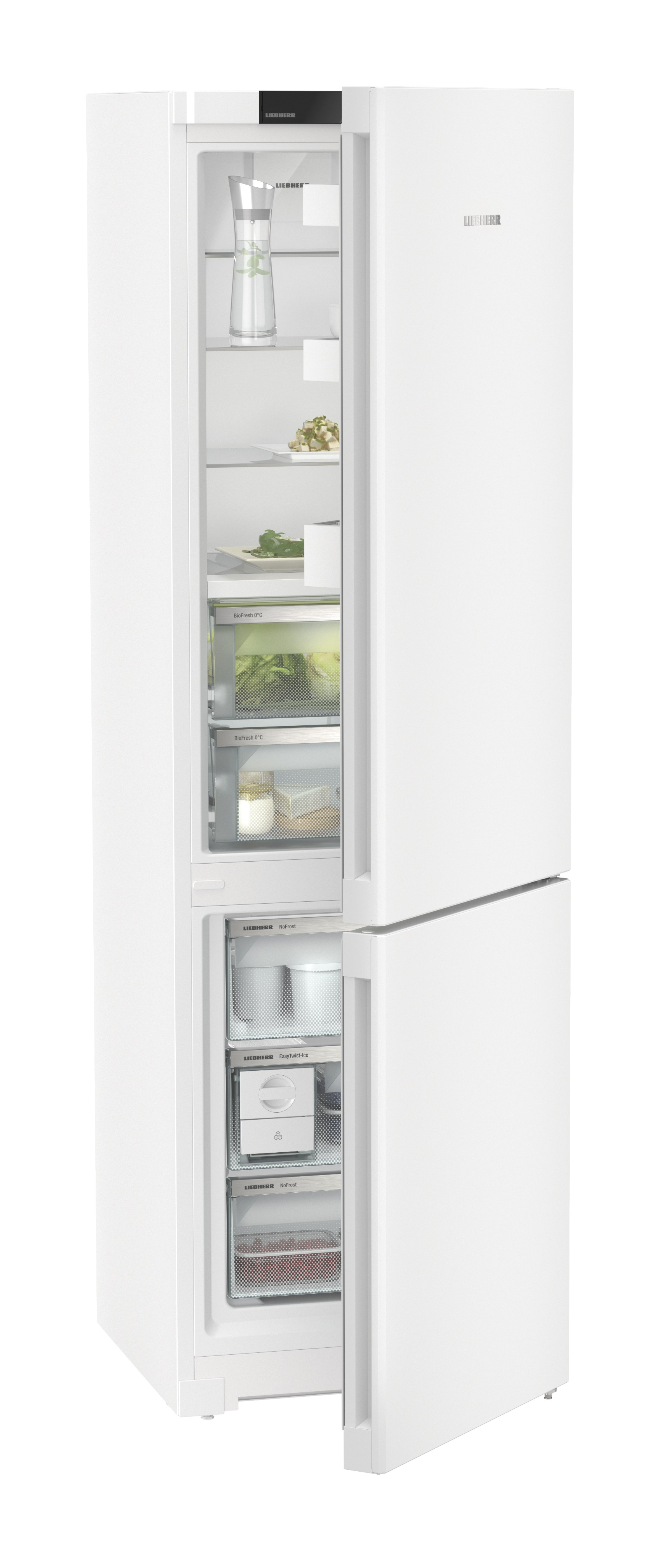 Refrigerador Liebherr blanco con puerta abierta, mostrando estantes, cajones y artículos guardados dentro.