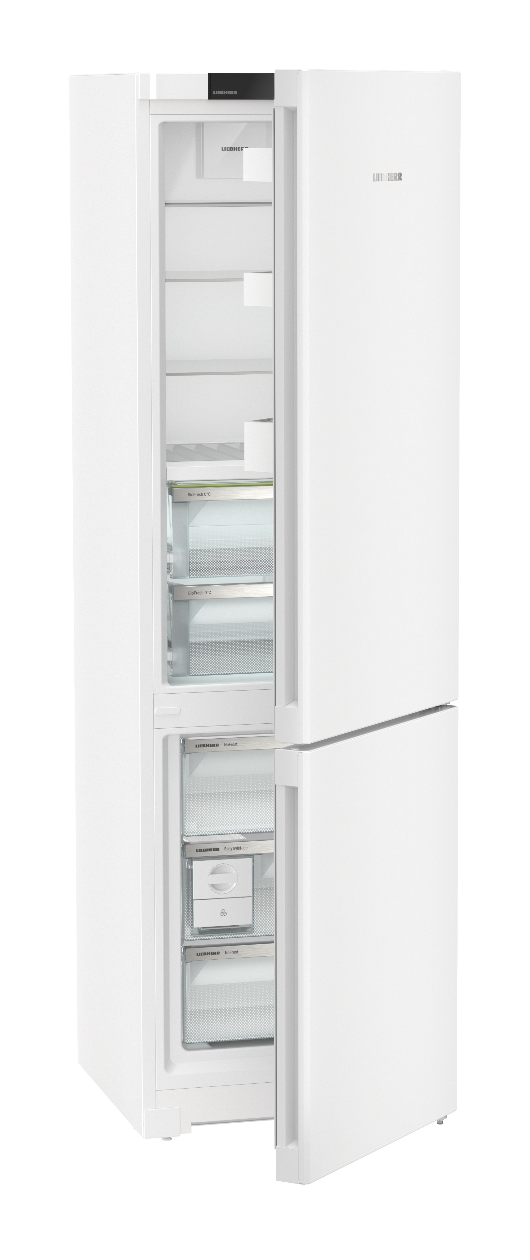 Refrigerador blanco con puertas abiertas que revelan estantes y cajones.