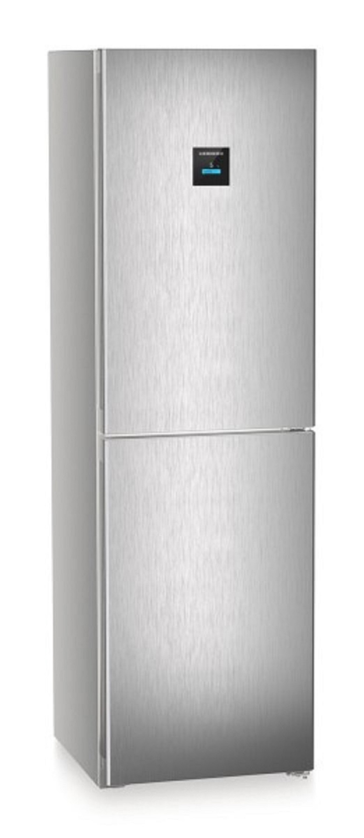 Un refrigerador alto de acero inoxidable con una pantalla digital en la puerta.