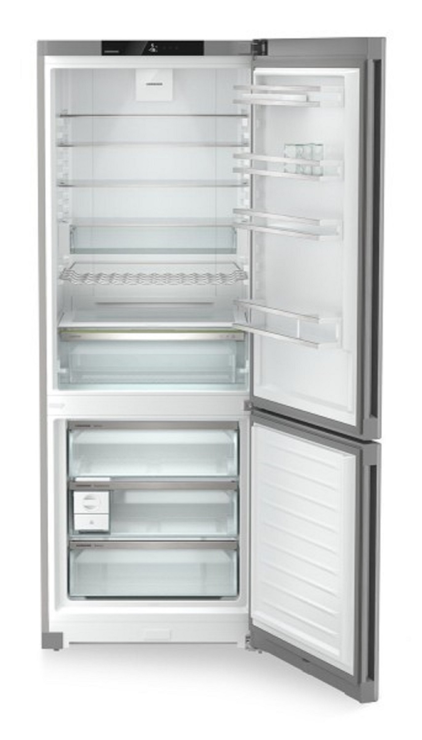 Interno del frigorifero aperto, che mostra ripiani, cassetti e cibo.