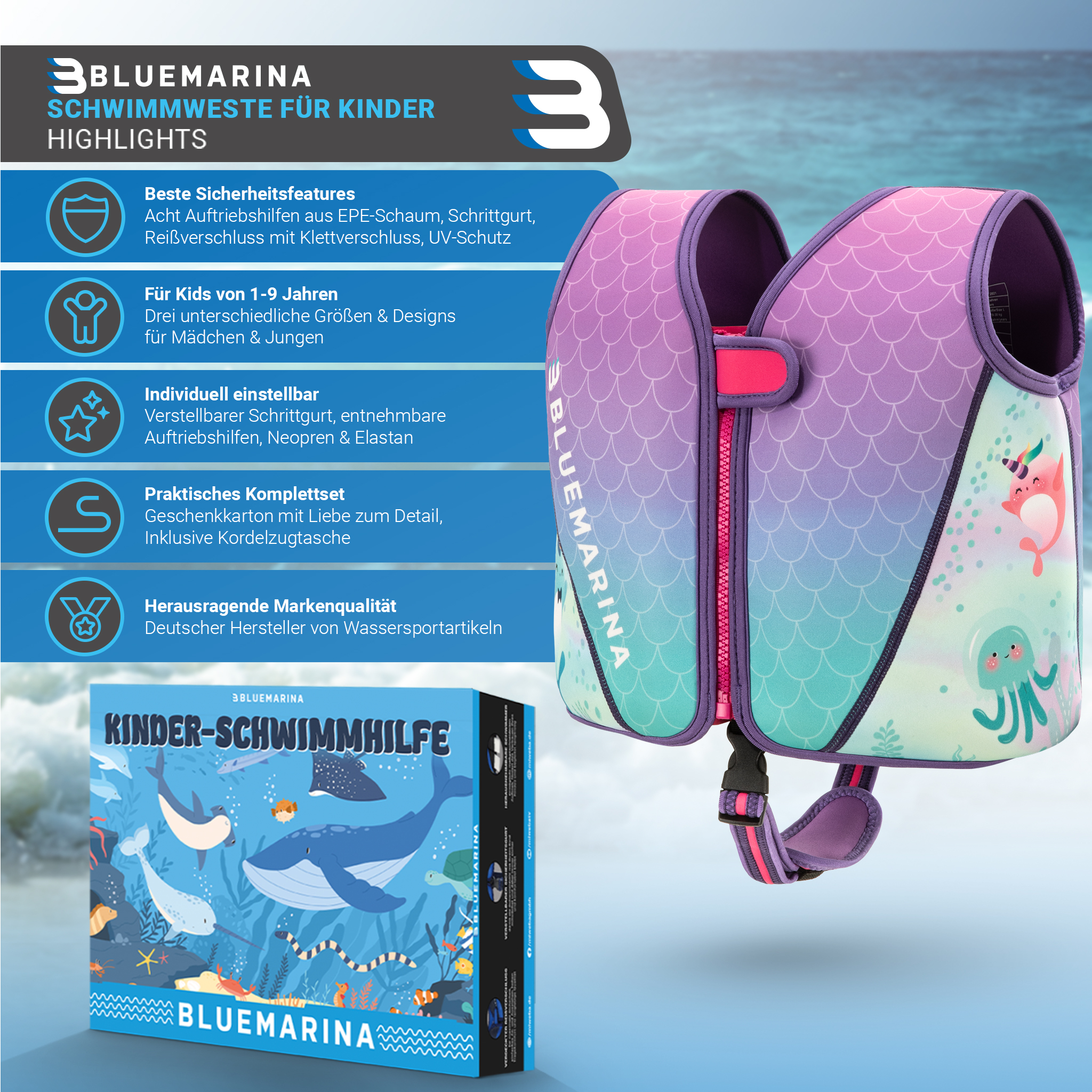 Eine Schwimmweste für Kinder. Das Bild enthält eine Box mit einem Cartoon und Text.