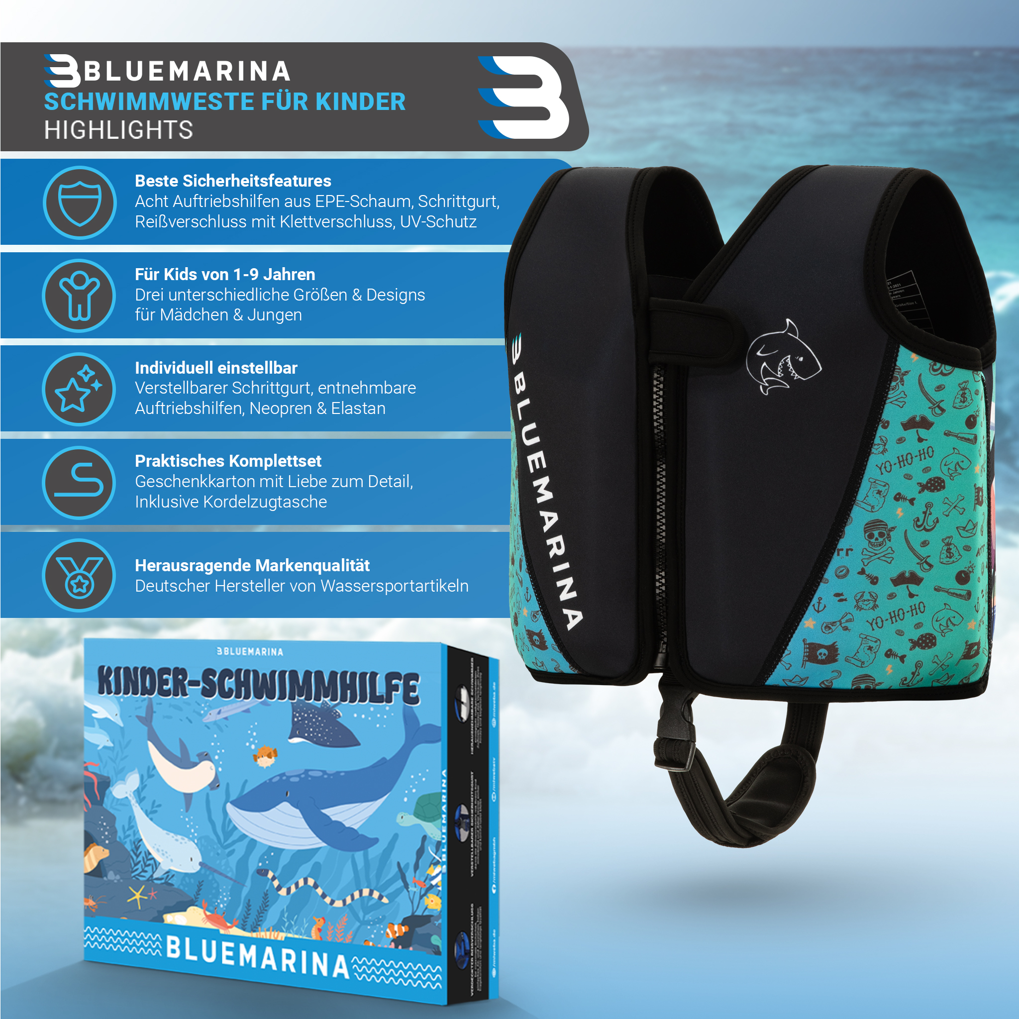 Eine blau-schwarze Kinder-Schwimmweste mit bunten Details.