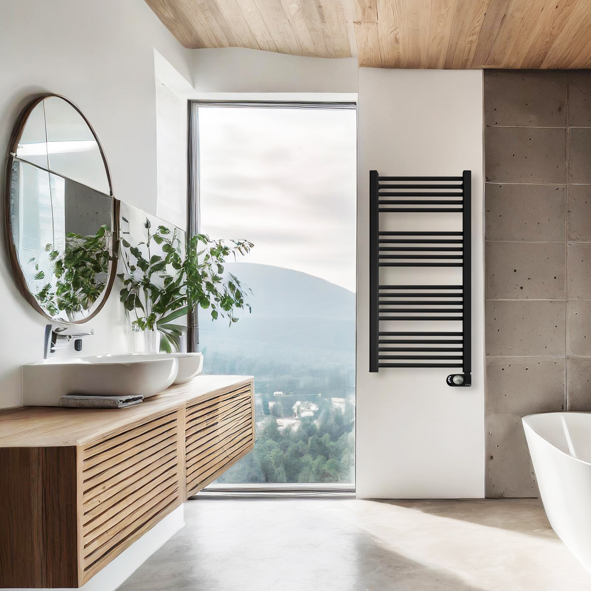 Baño con espejo, lavabo, vegetación y toallero negro.