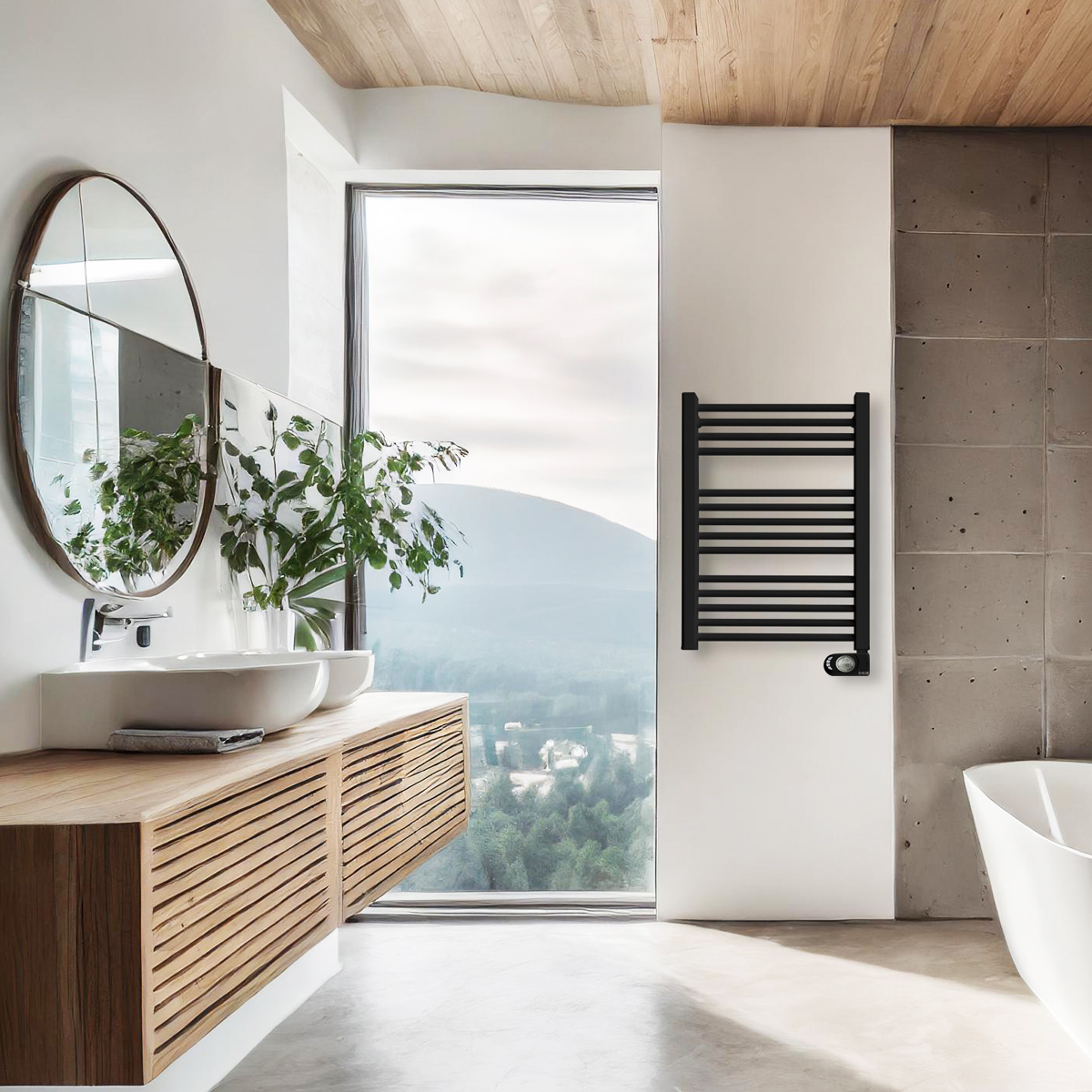 Una escena de baño moderna con espejo, lavabo y radiador negro en la pared.