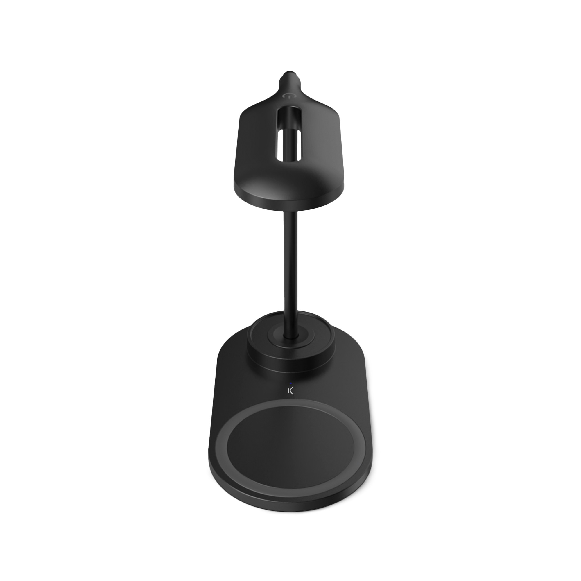 Un soporte de carga negro para un ratón. Tiene un soporte y una base de carga.